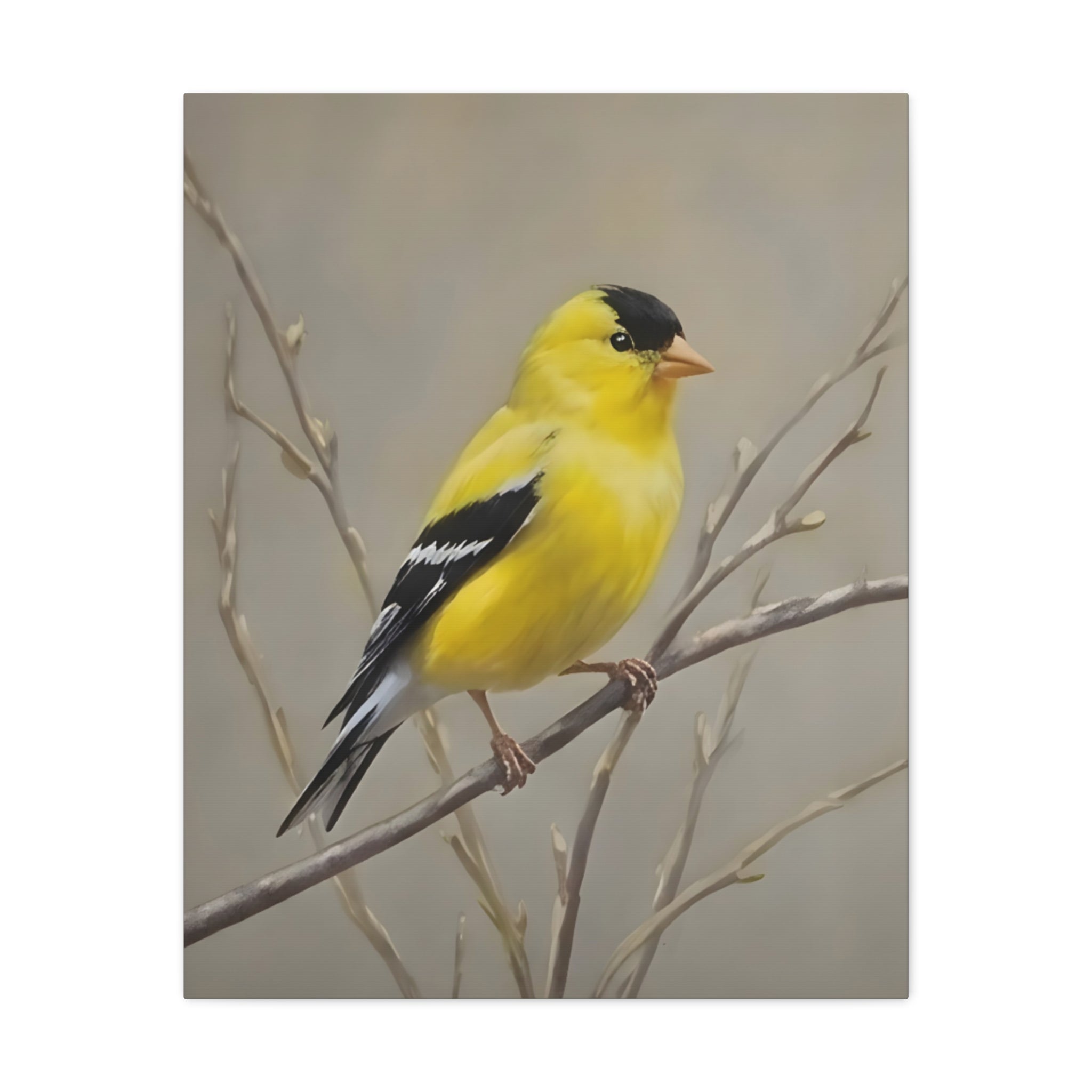 Goldfinch Wall Art Canvas — Yellow Songbird Painting on Branch, Matte Stretched Canvas