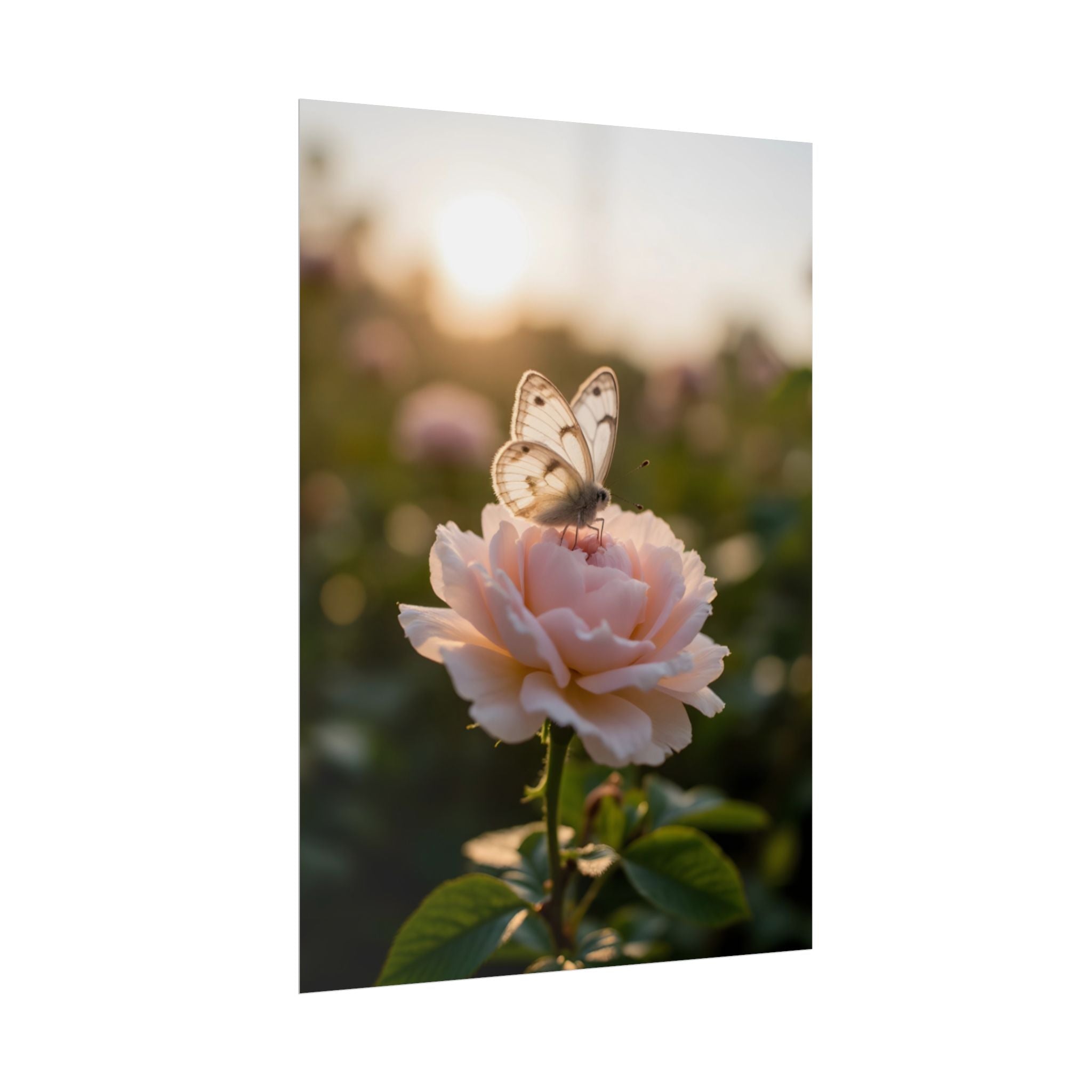 Muurposter met vlinder op roze roos 