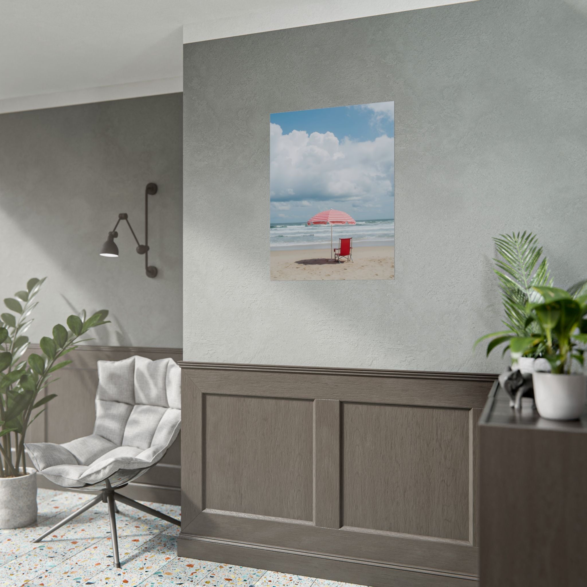 Sun-drenched beach memory with beach chair and umbrella - Poster