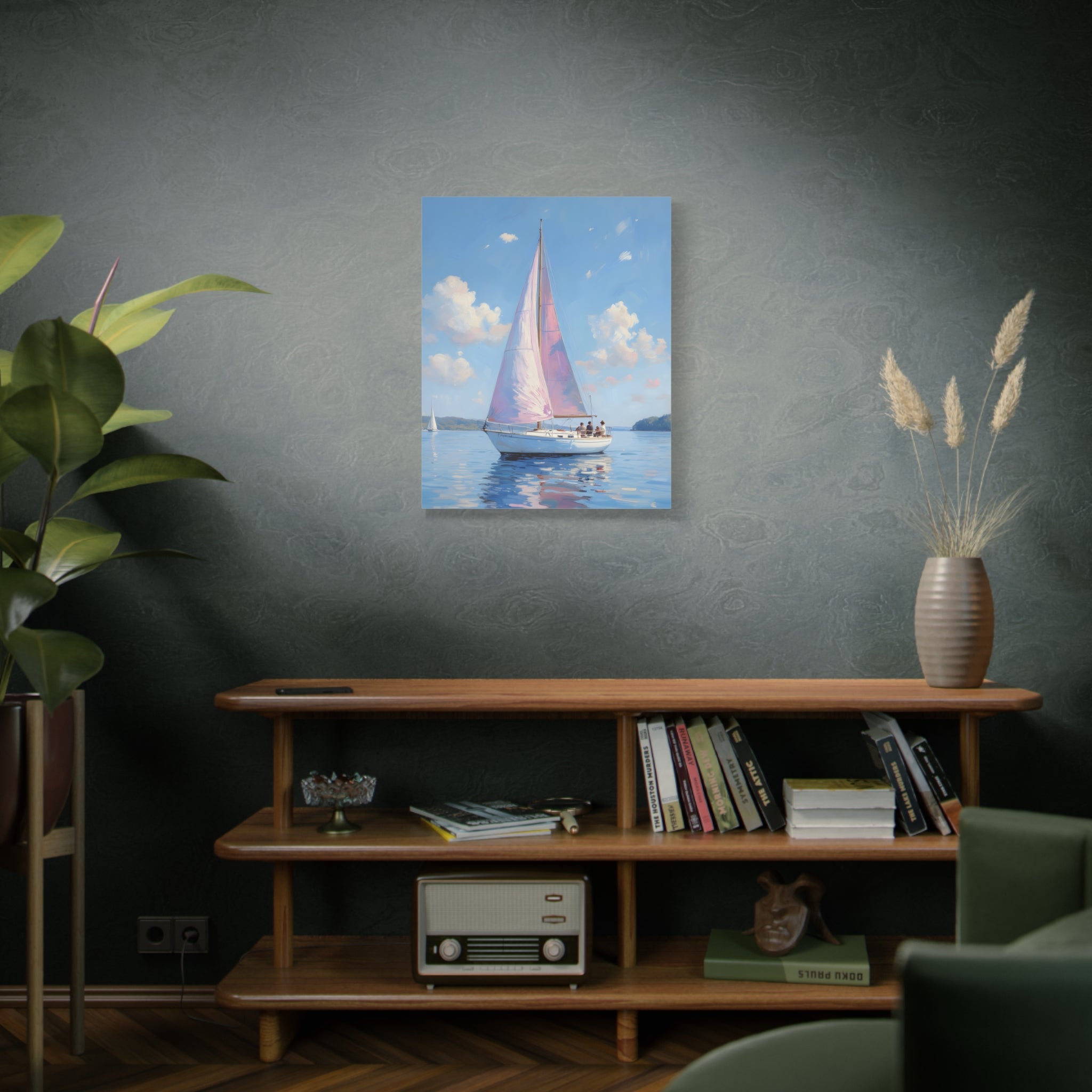 Zeilboot op kalm water met roze accenten - Muurdecoratie - Gespannen canvas 