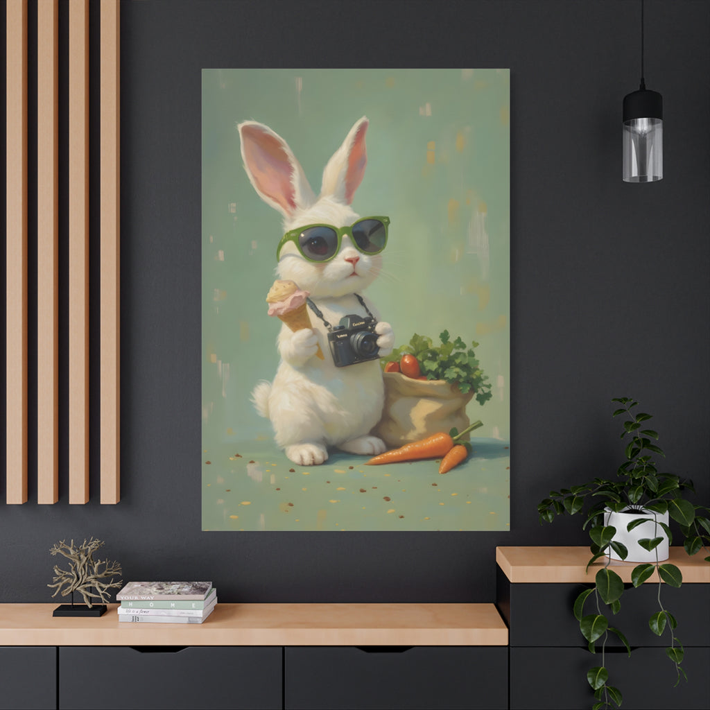 Green Bunny Canvas Wall Art — Photographer Bunny with Carrots & Ice Cream