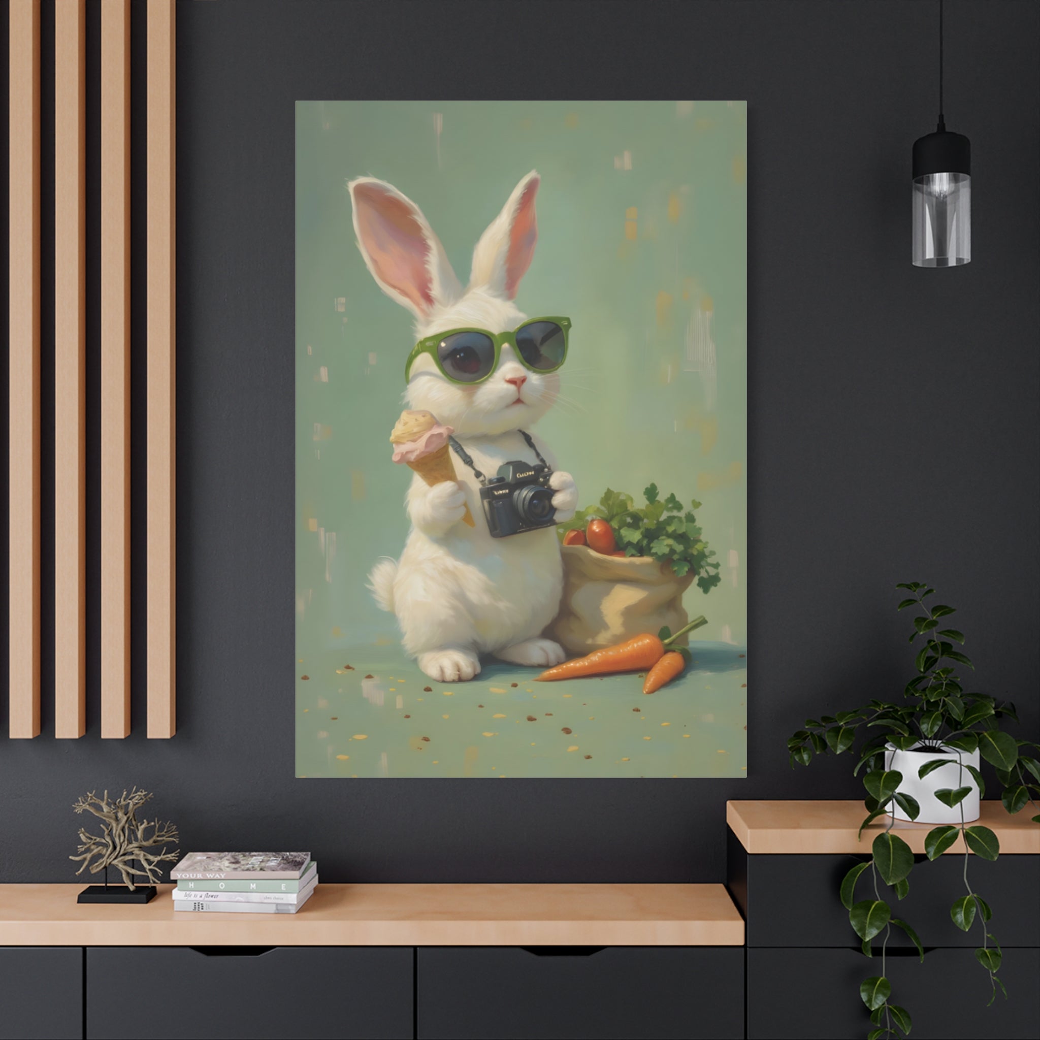 Green Bunny Canvas Wall Art — Photographer Bunny with Carrots & Ice Cream