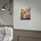 Wandbild mit Schmetterling auf rosa Rose - Poster 