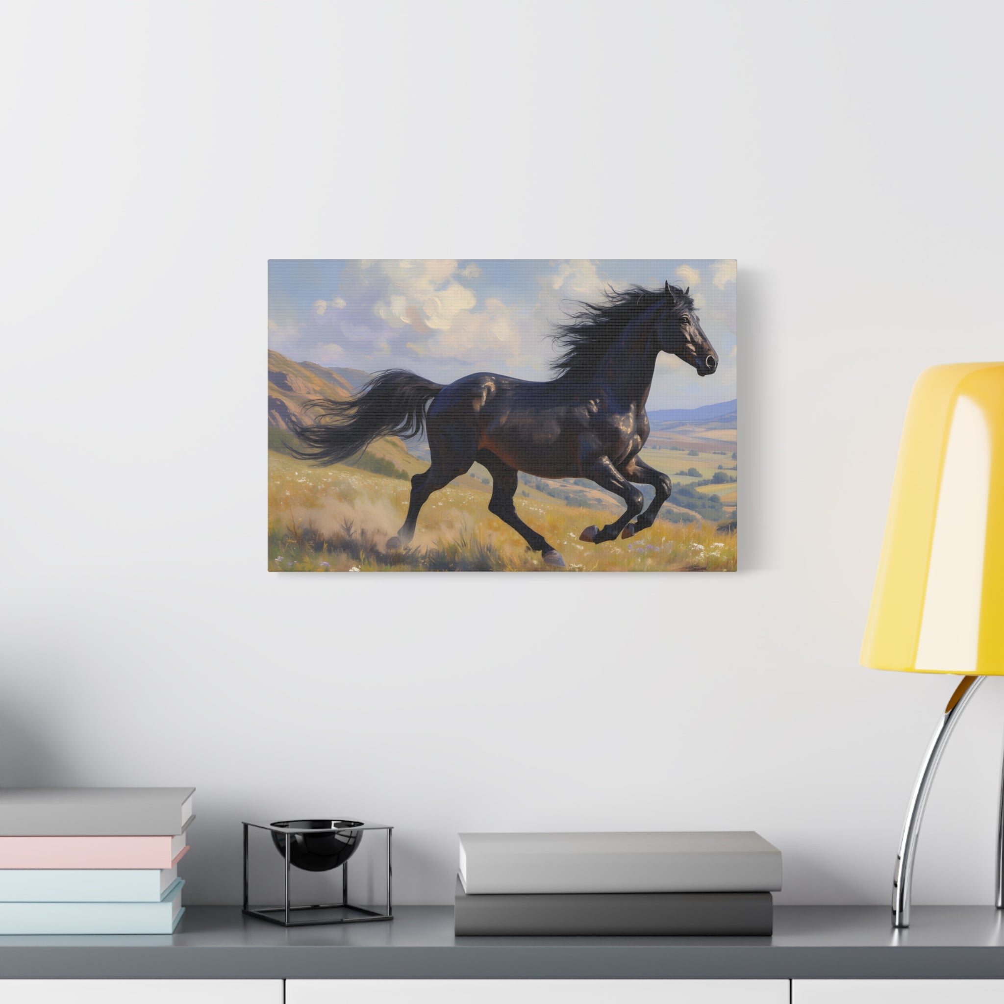 Muurdecoratie met een rennende zwarte hengst - Paardenschilderij - Gespannen canvas 