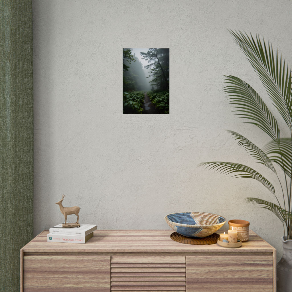 Muurdecoratie met een mistig bospad - Poster 