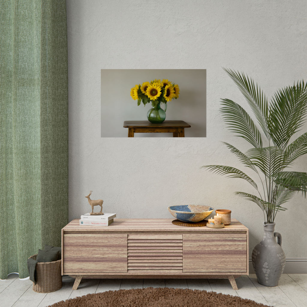Zonnebloemen in een groene kruik - Muurdecoratie - Poster 