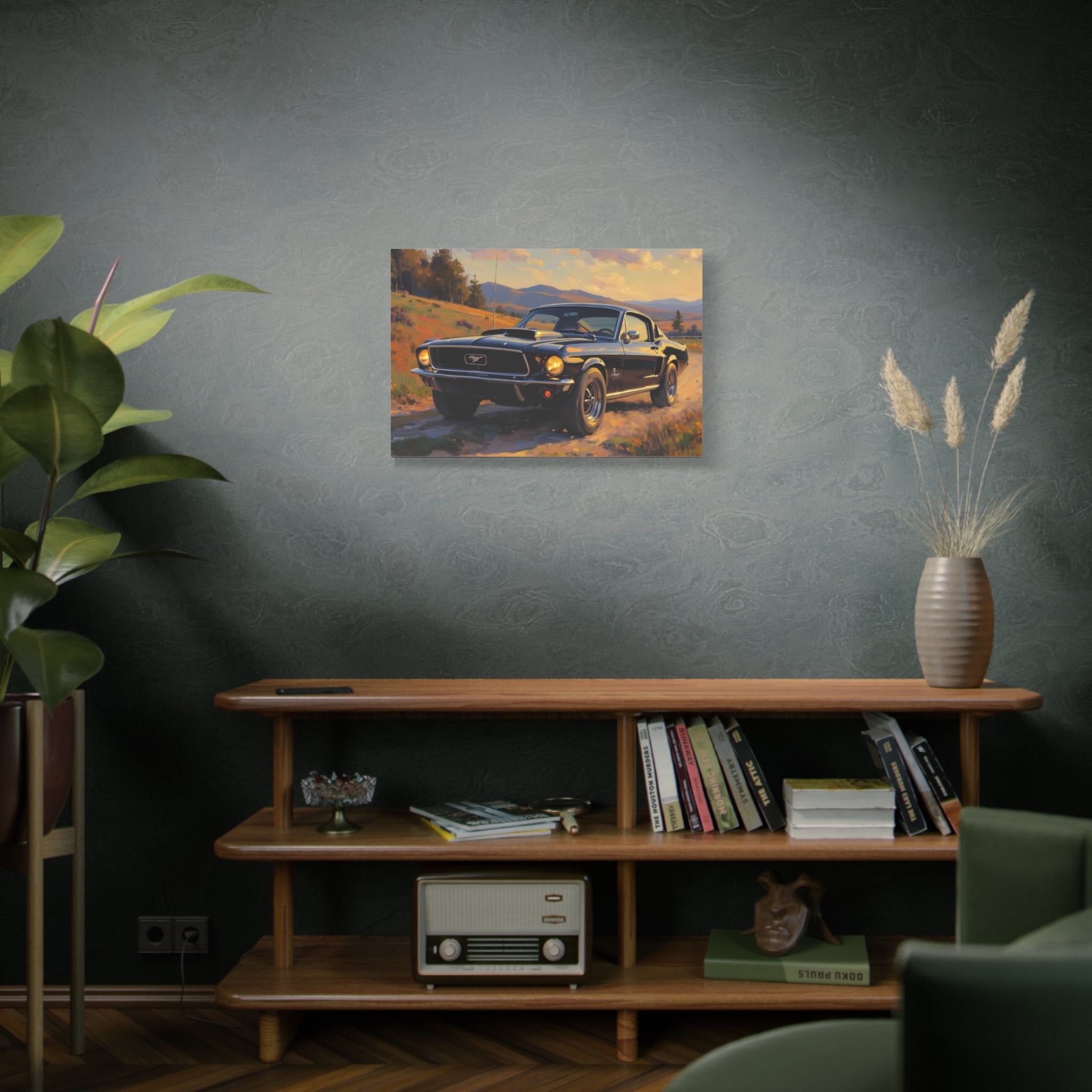 Vintage Mustang Sonnenuntergangs-Wandbild – Klassisches Muscle-Car – Leinwand 