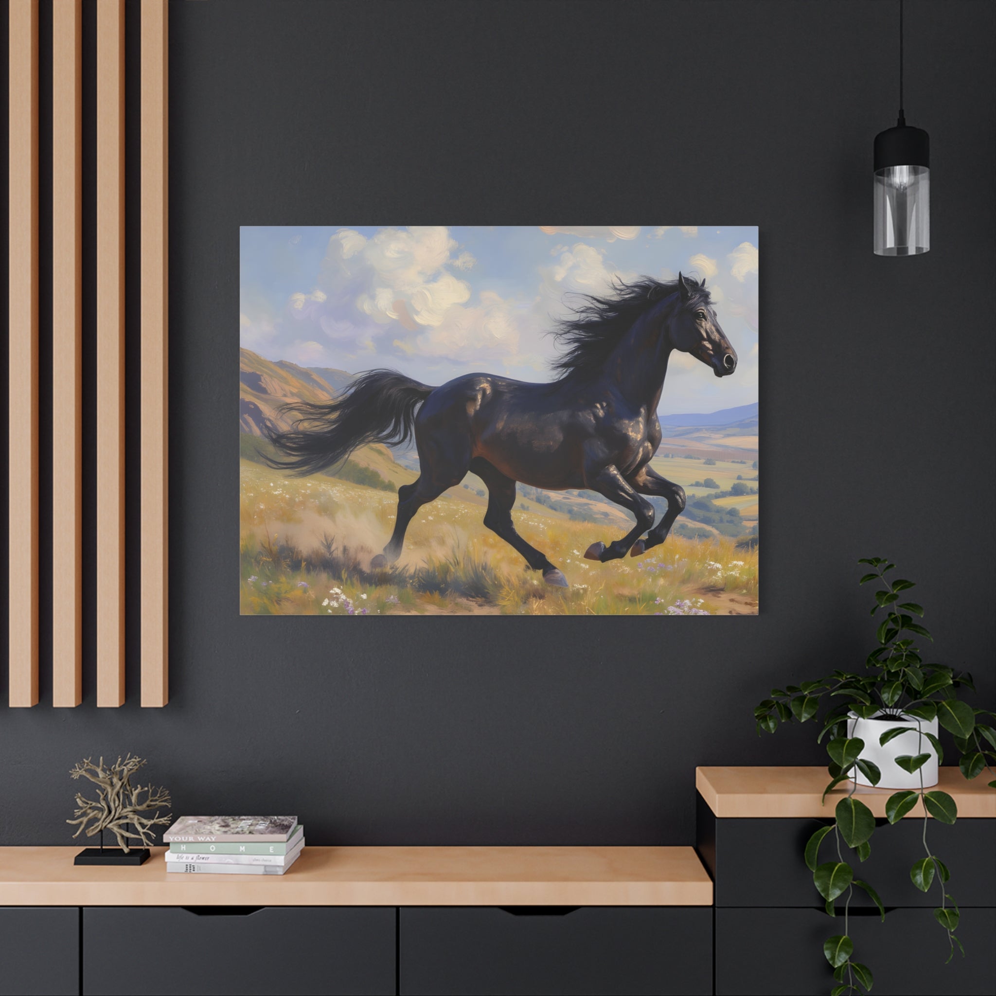 Muurdecoratie met een rennende zwarte hengst - Paardenschilderij - Gespannen canvas 