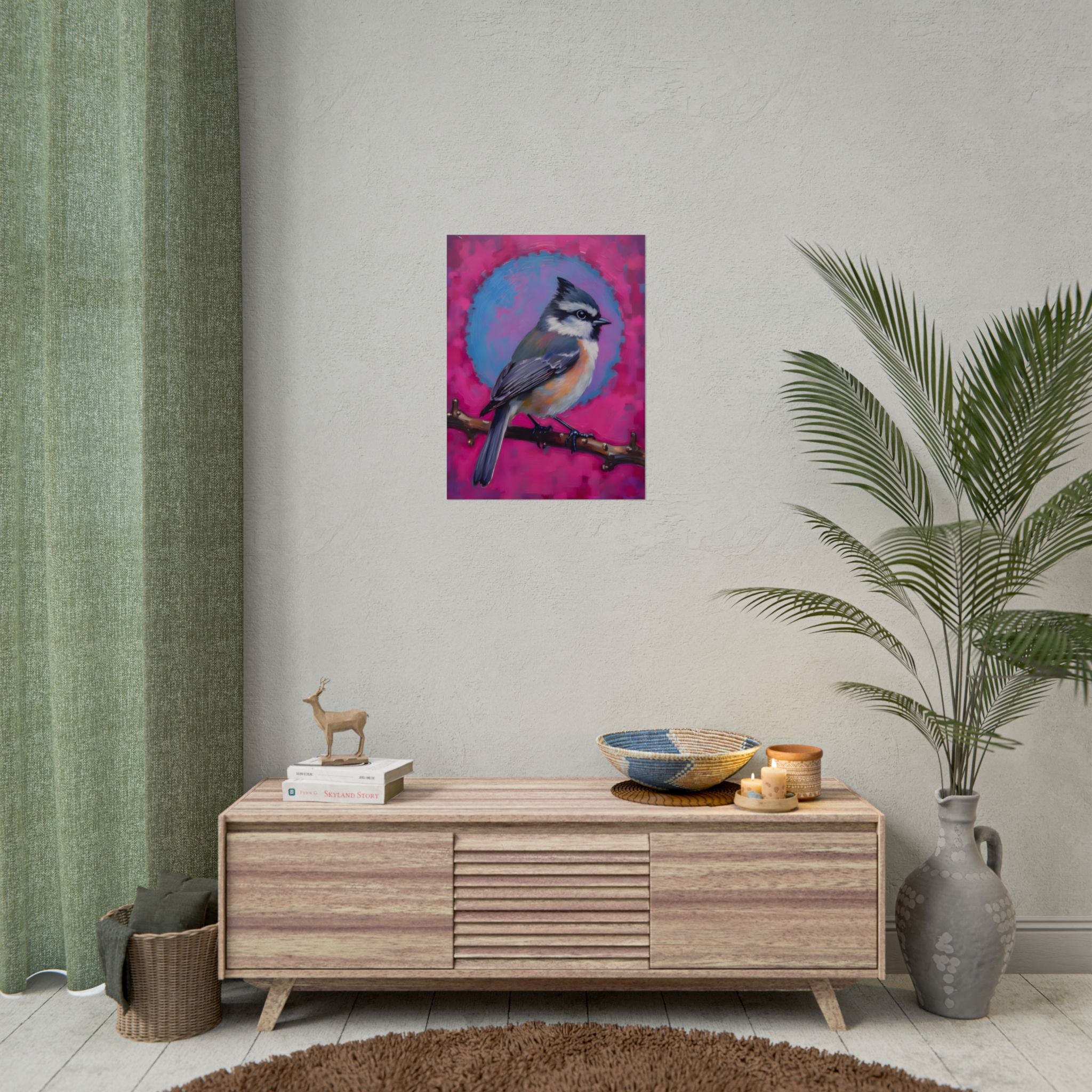 Colorful Songbird Poster — Blue Jay Art Print on Vibrant Pink Background