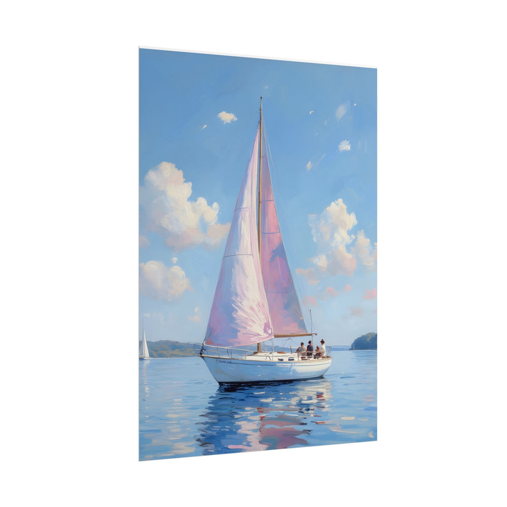 Zeilboot op kalm water met roze accenten - Poster 
