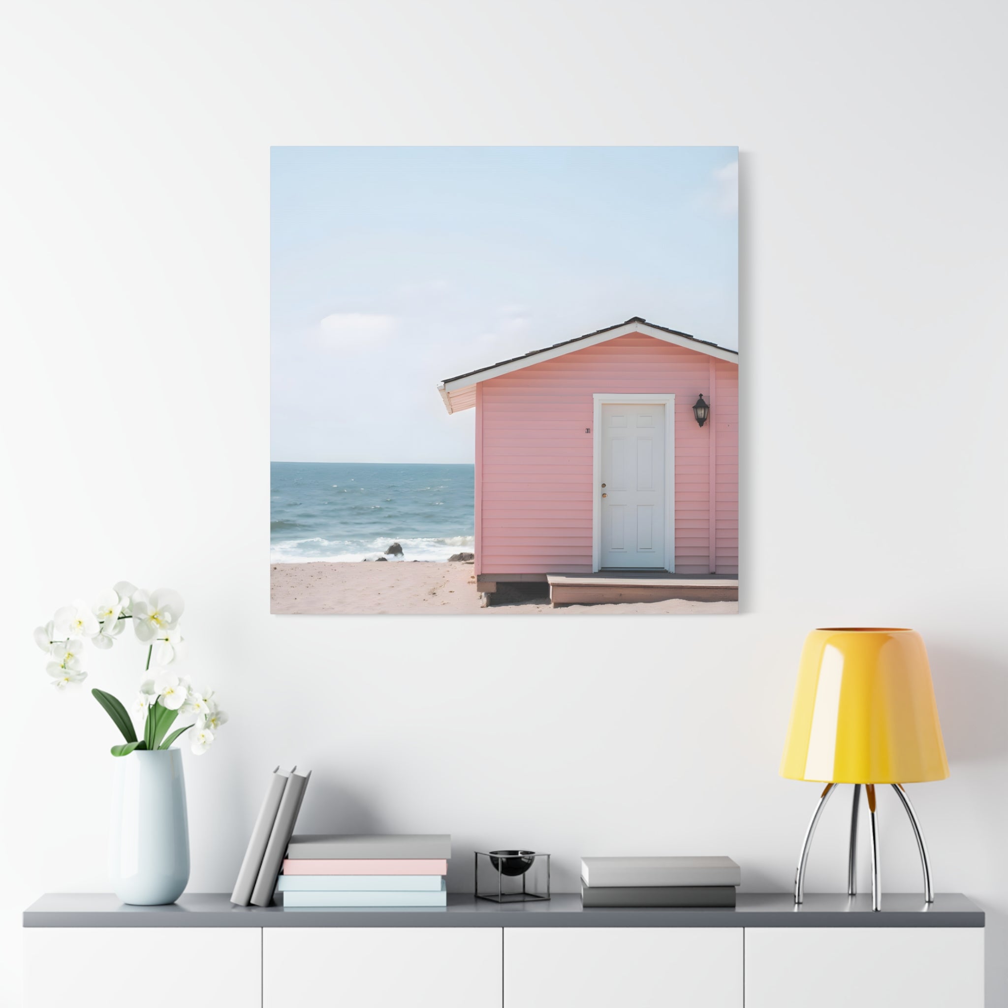 Pink Beach Cottage  Wall Art - Stretched Canvas