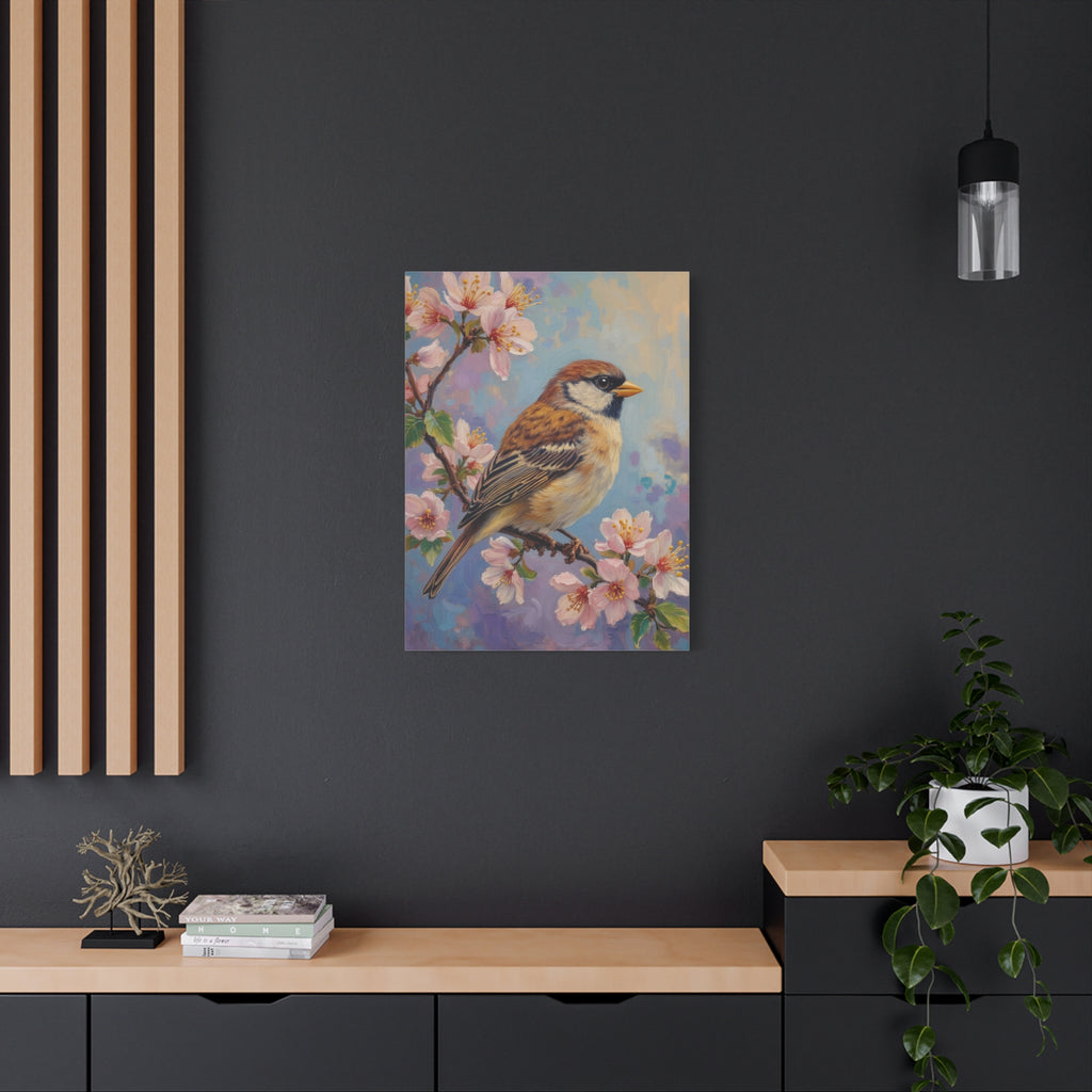 Sparrow on Cherry Blossoms Matte Stretched Canvas
