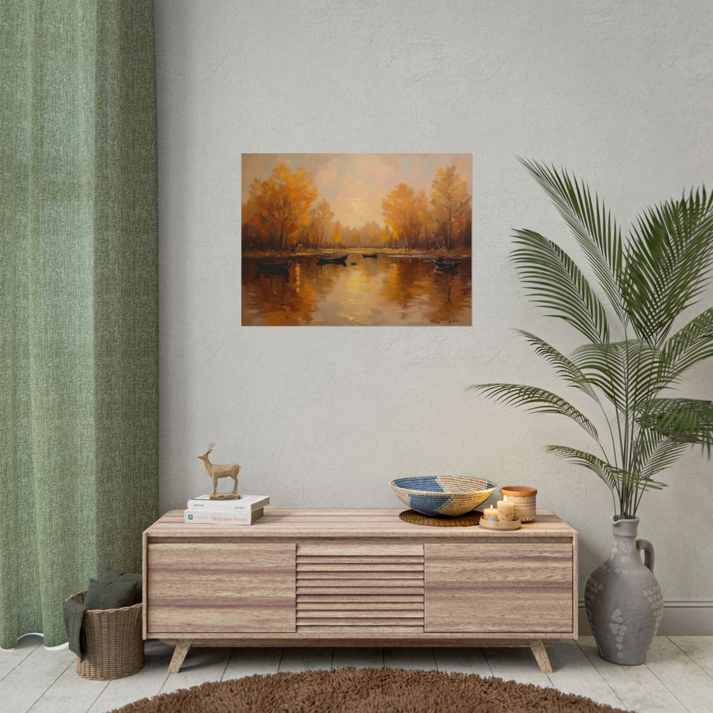 Herfst aan het meer met roeiboten - Poster 