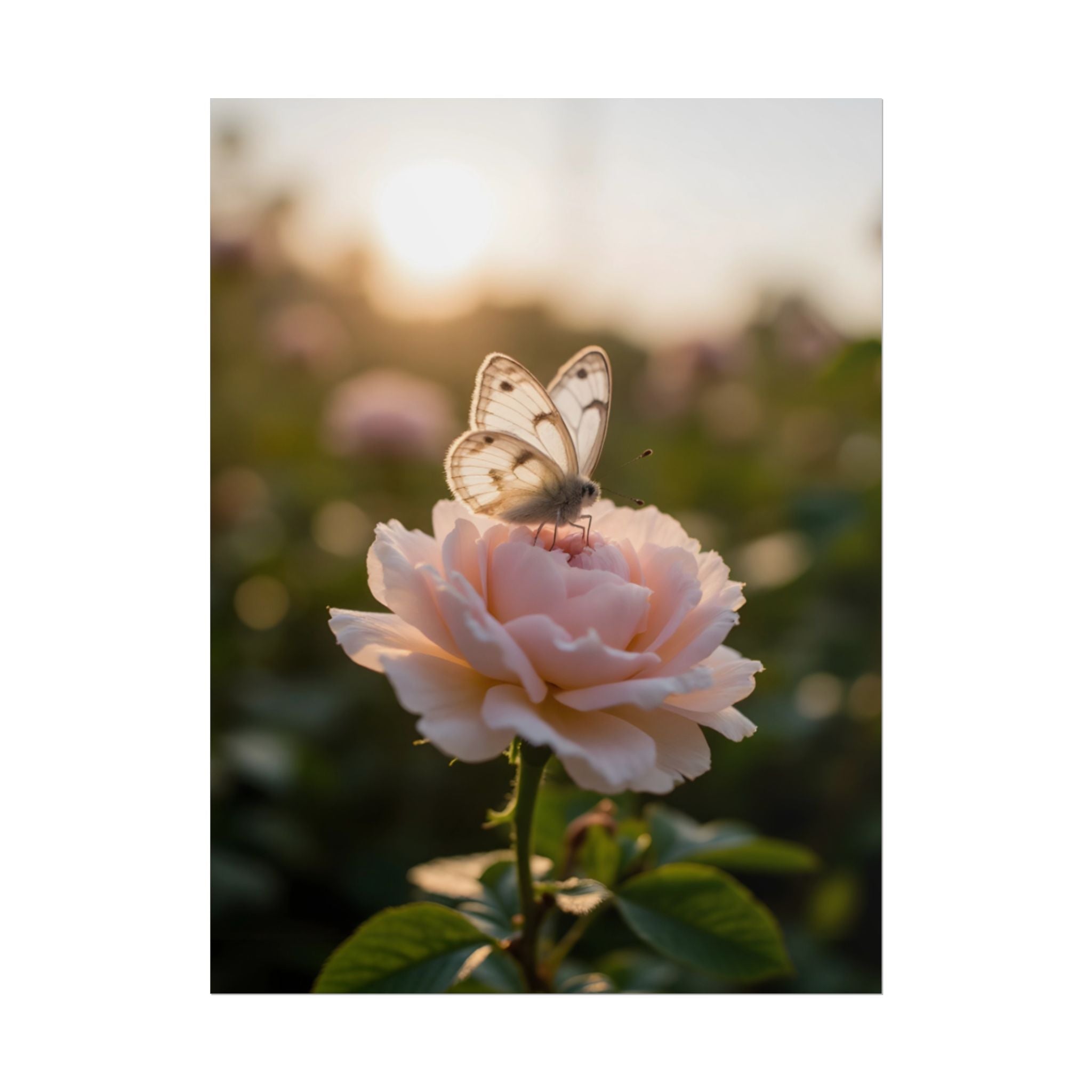 Muurposter met vlinder op roze roos 