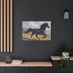 Muurdecoratie met een rennende zwarte hengst - Paardenschilderij - Gespannen canvas 