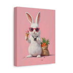 Pink Cute Bunny Canvas Wall Art — Cool Rabbit with Sunglasses, Ice Cream & Carrots (Matte Stretched)