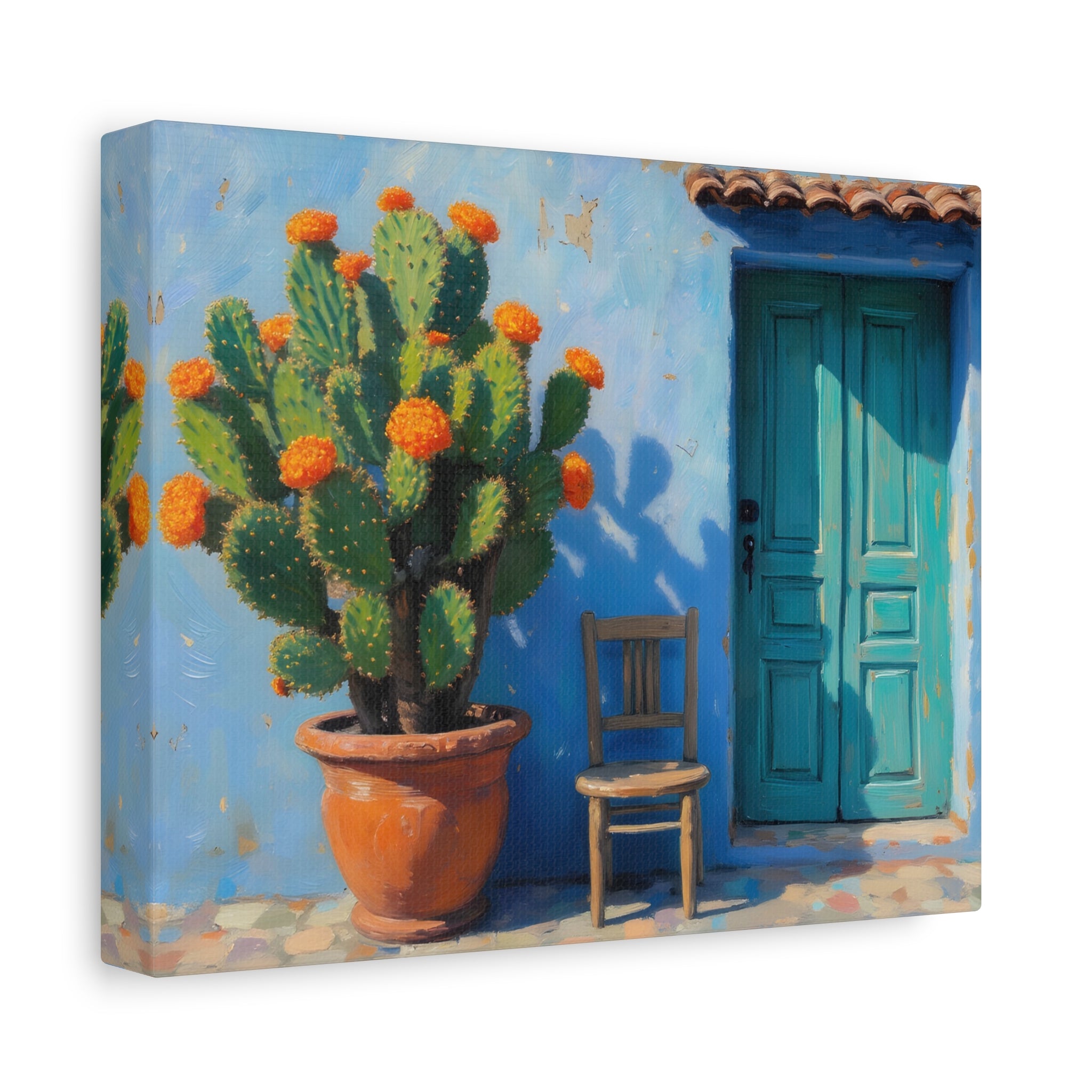 Southwestern Cactus Canvas Wall Art - Turquoise Door Painting (Matte Stretched)