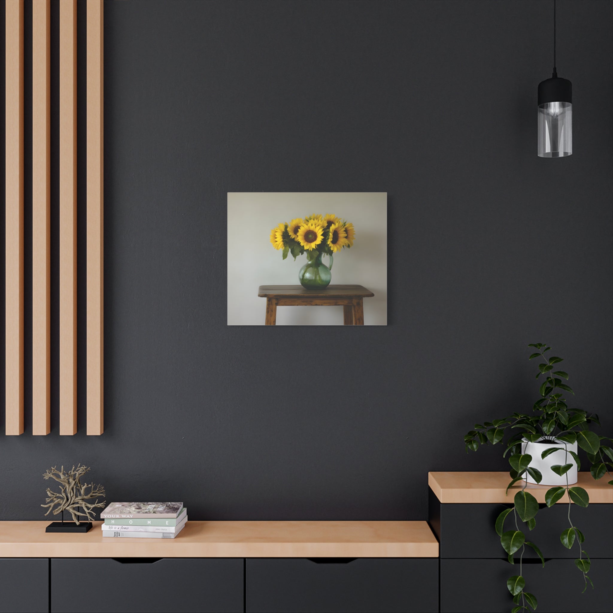 Zonnebloemen in een groene kruik als wanddecoratie - Gespannen canvas 