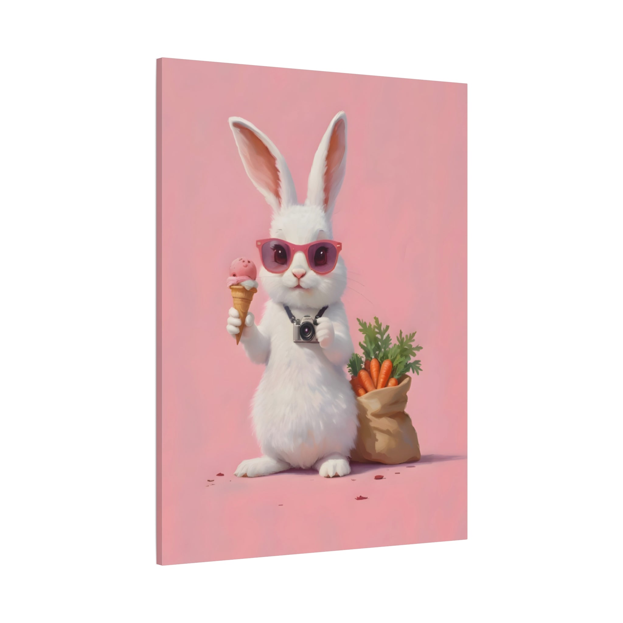 Pink Cute Bunny Canvas Wall Art — Cool Rabbit with Sunglasses, Ice Cream & Carrots (Matte Stretched)