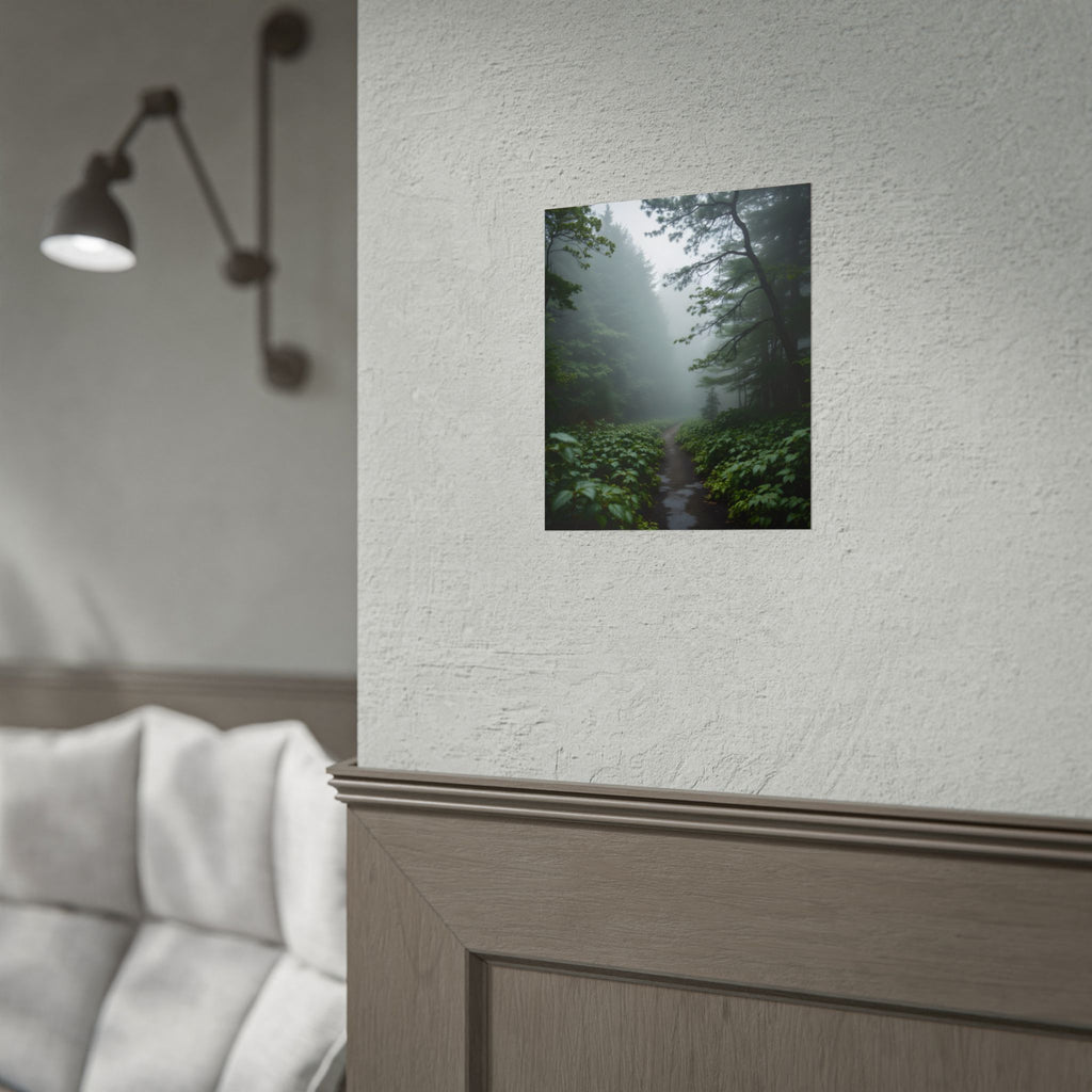 Muurdecoratie met een mistig bospad - Poster 