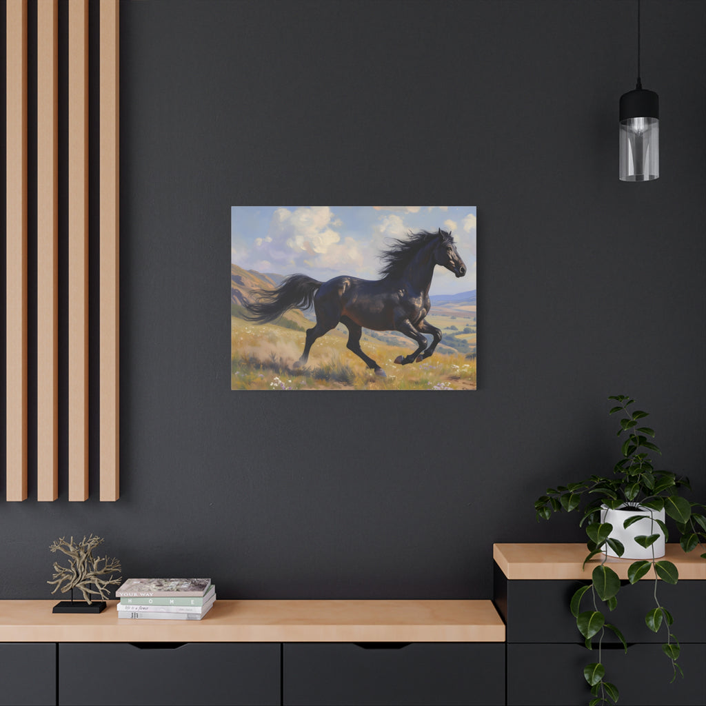 Muurdecoratie met een rennende zwarte hengst - Paardenschilderij - Gespannen canvas 