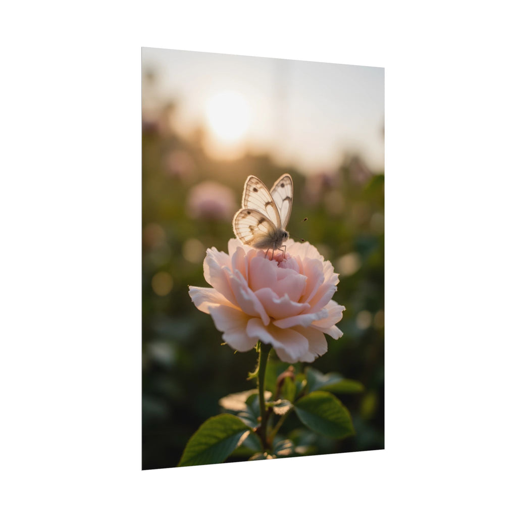 Muurposter met vlinder op roze roos 