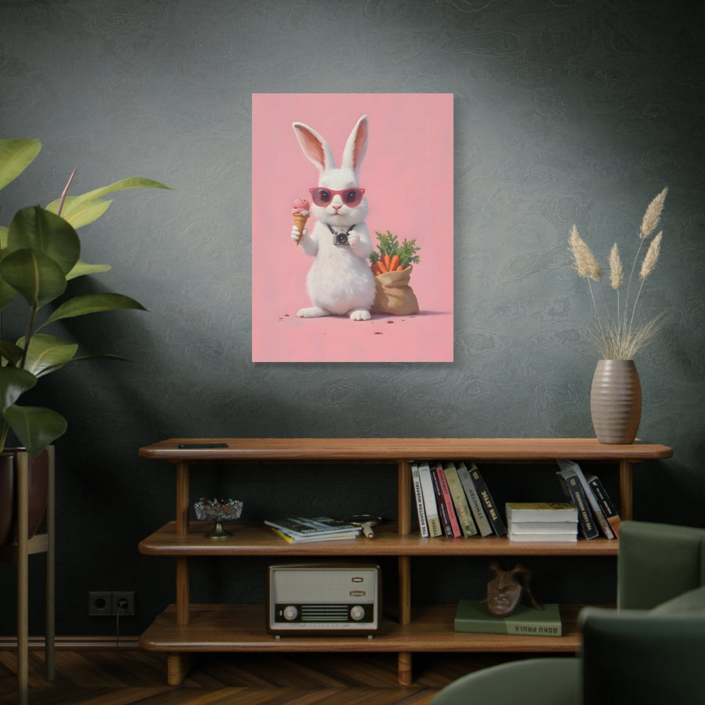 Pink Cute Bunny Canvas Wall Art — Cool Rabbit with Sunglasses, Ice Cream & Carrots (Matte Stretched)