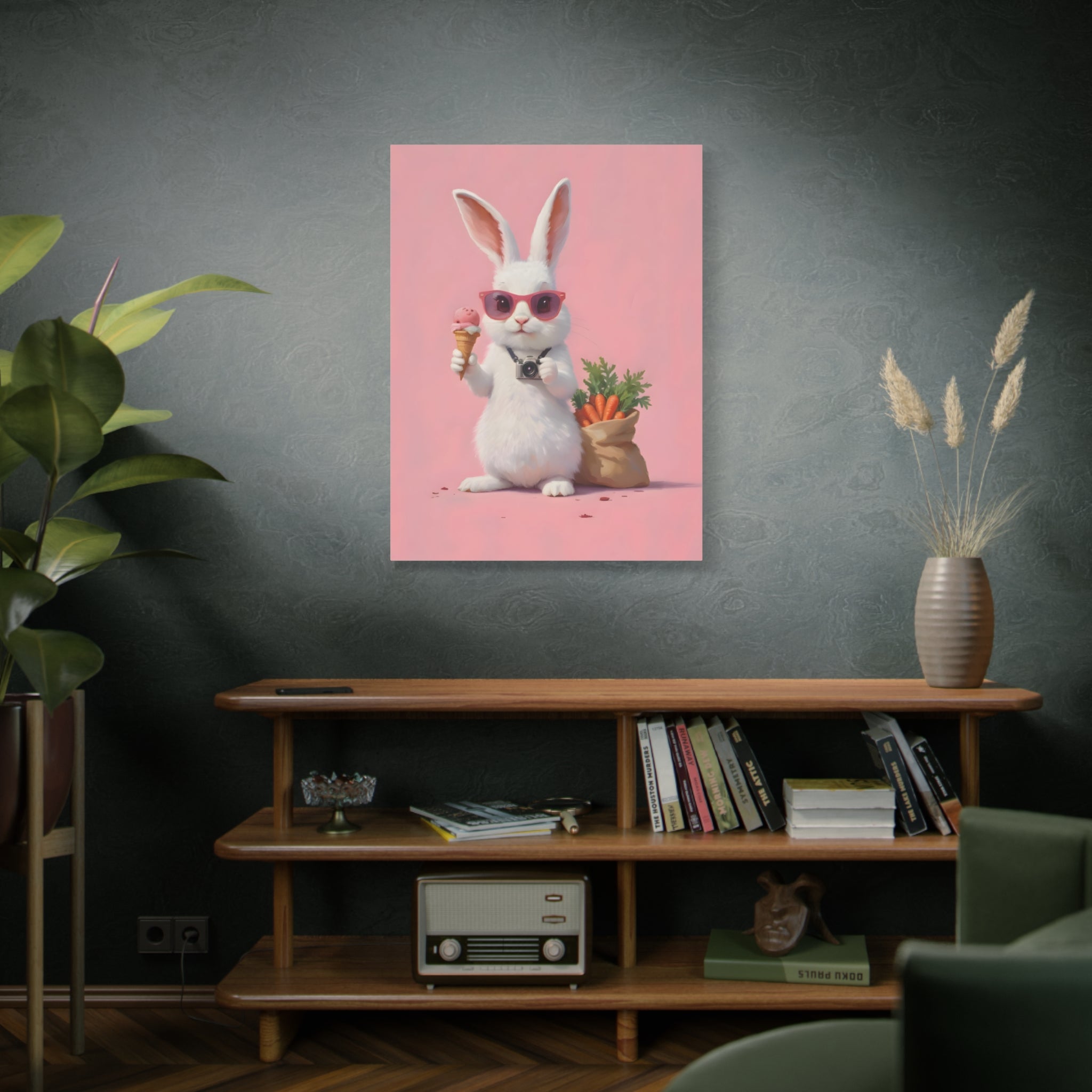 Pink Cute Bunny Canvas Wall Art — Cool Rabbit with Sunglasses, Ice Cream & Carrots (Matte Stretched)