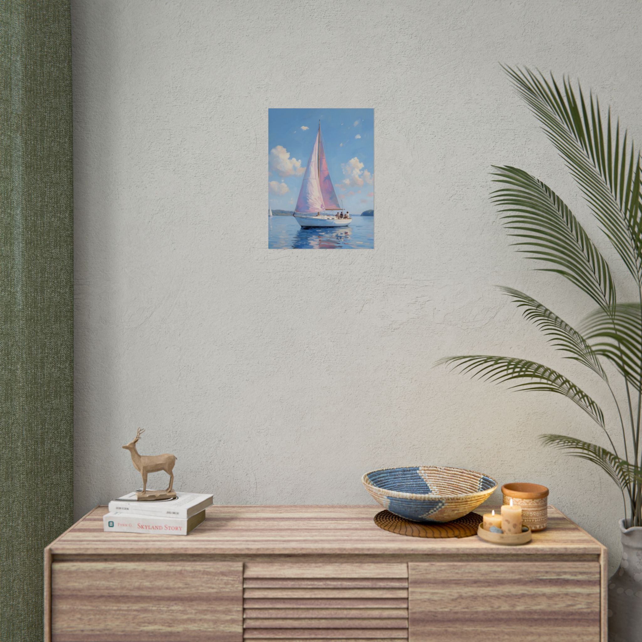 Zeilboot op kalm water met roze accenten - Poster 