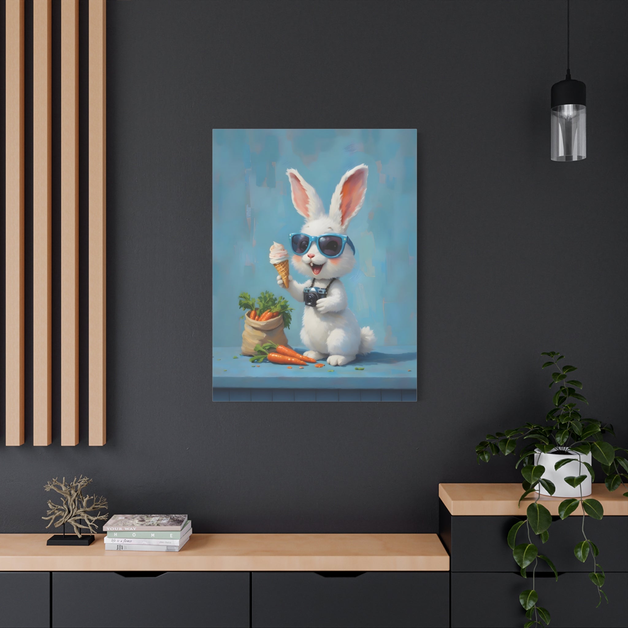 Blue Bunny Canvas Print — Cute Rabbit with Sunglasses & Ice Cream Matte Wall Art