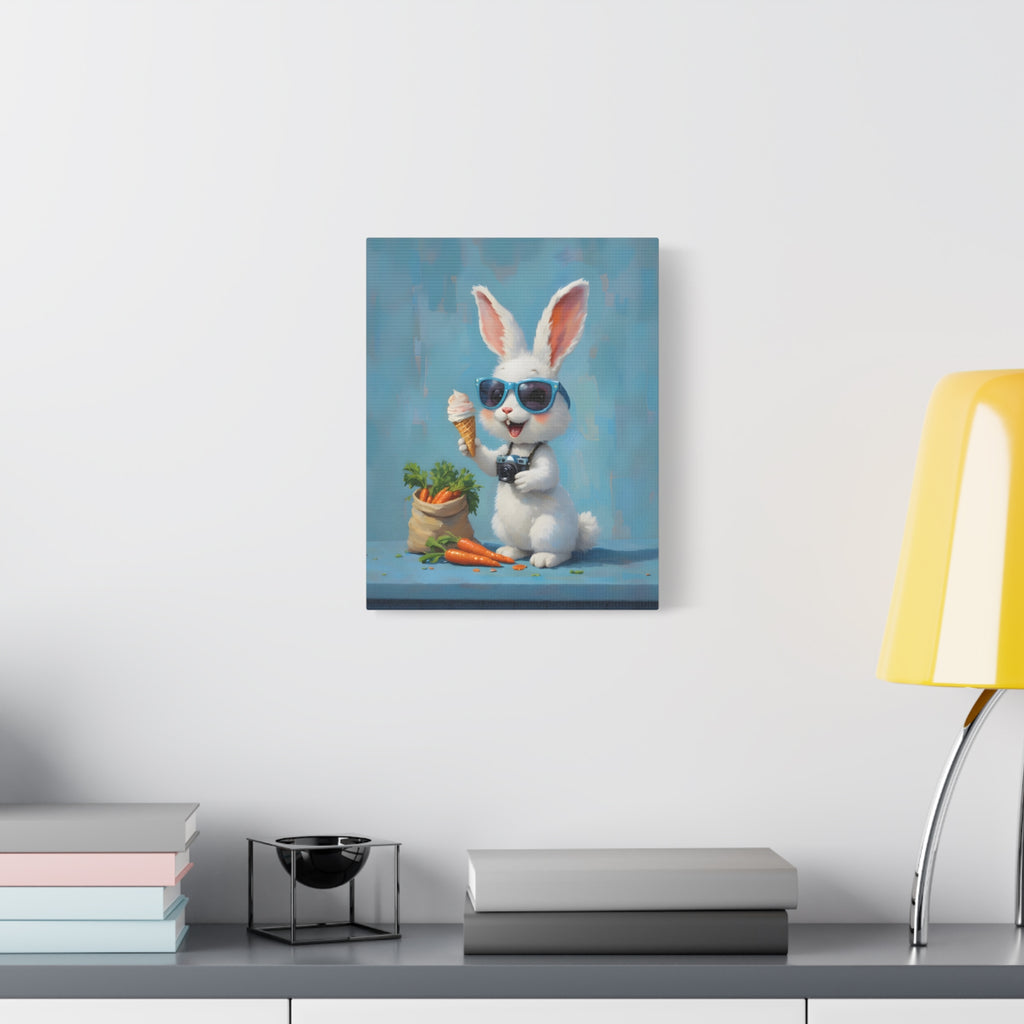 Blue Bunny Canvas Print — Cute Rabbit with Sunglasses & Ice Cream Matte Wall Art