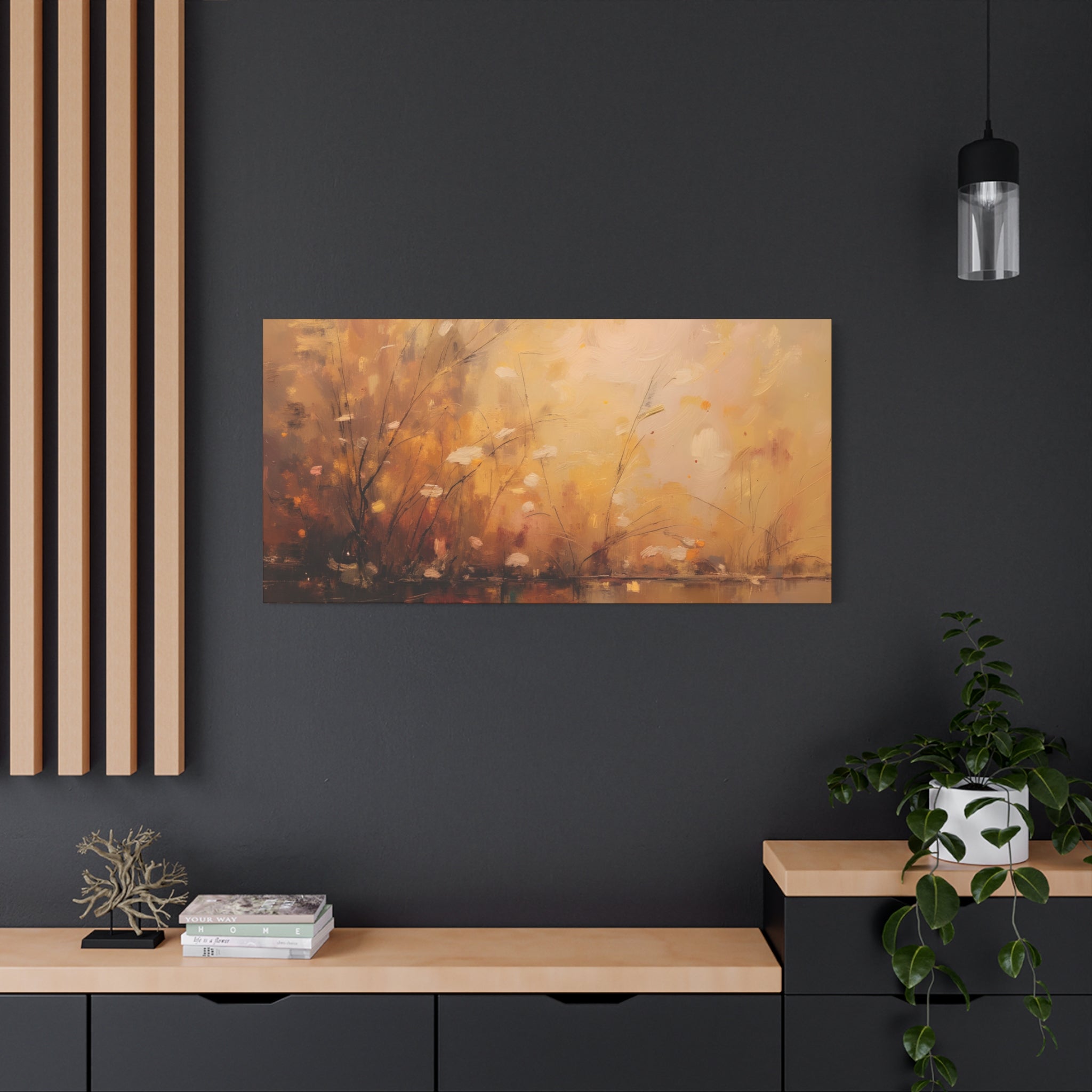 Abstracte muurdecoratie met gouden weidemotief - opgespannen canvas 