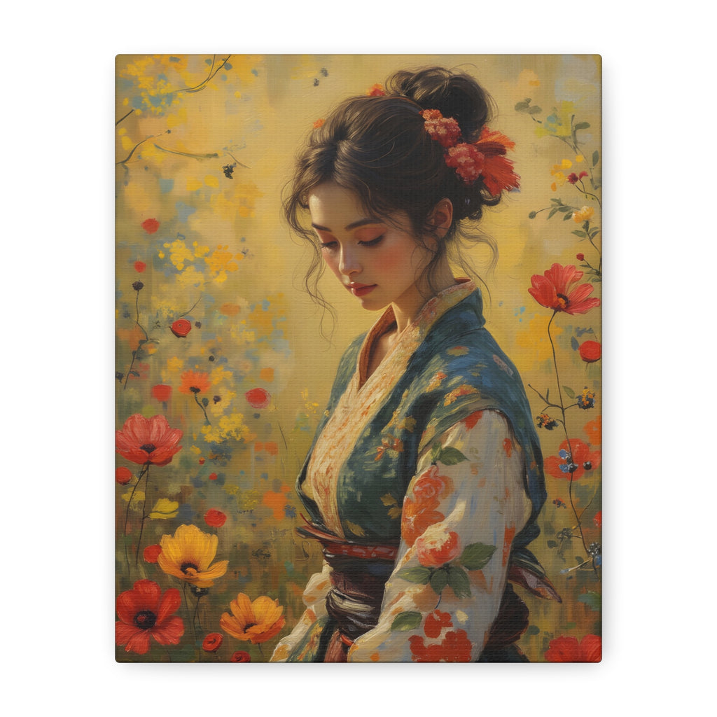 Asiatische Blumen-Dame, matte Leinwand-Wandkunst