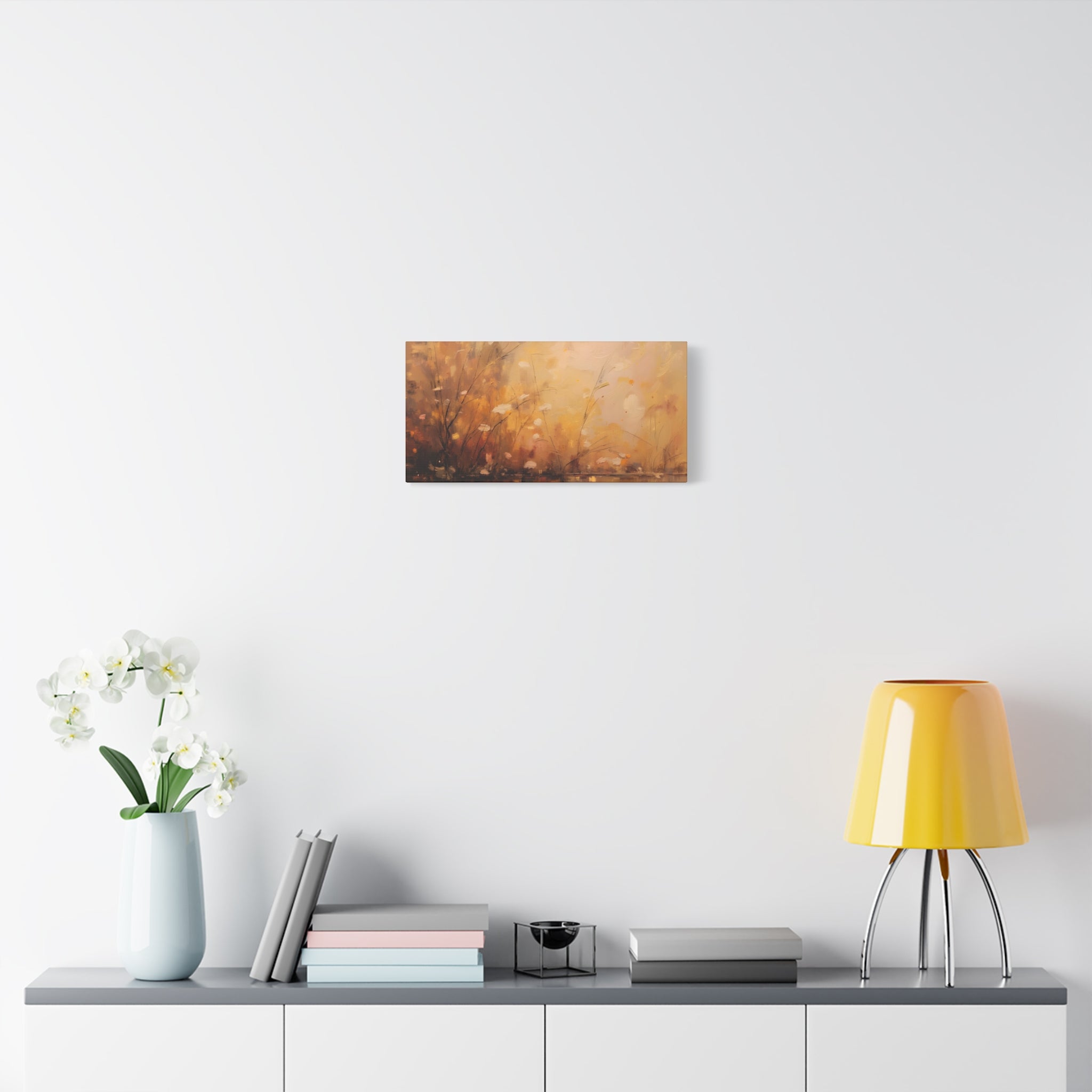 Abstracte muurdecoratie met gouden weidemotief - opgespannen canvas 