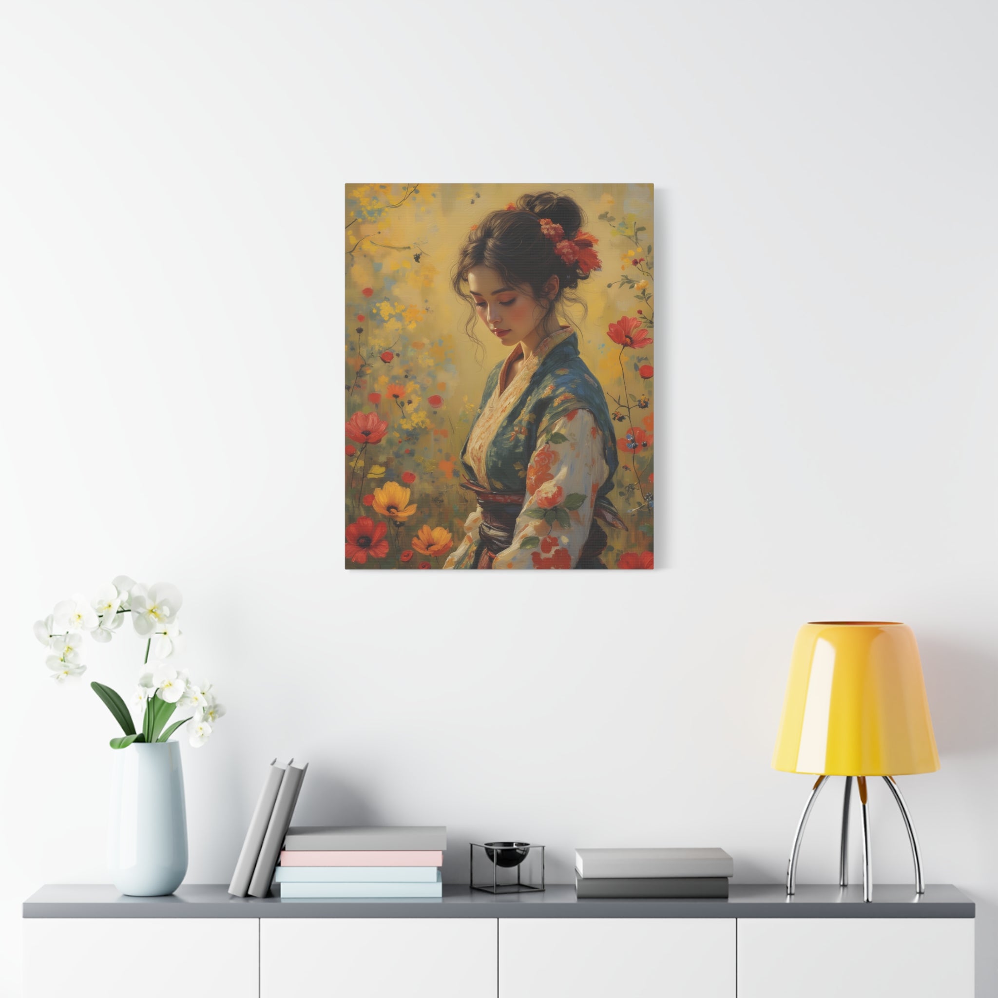 Asiatische Blumen-Dame, matte Leinwand-Wandkunst