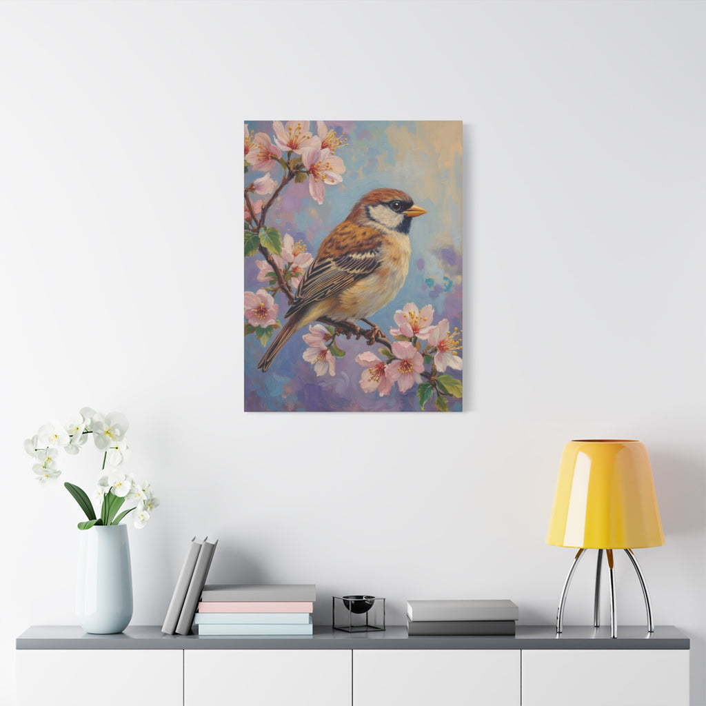 Sparrow on Cherry Blossoms Matte Stretched Canvas
