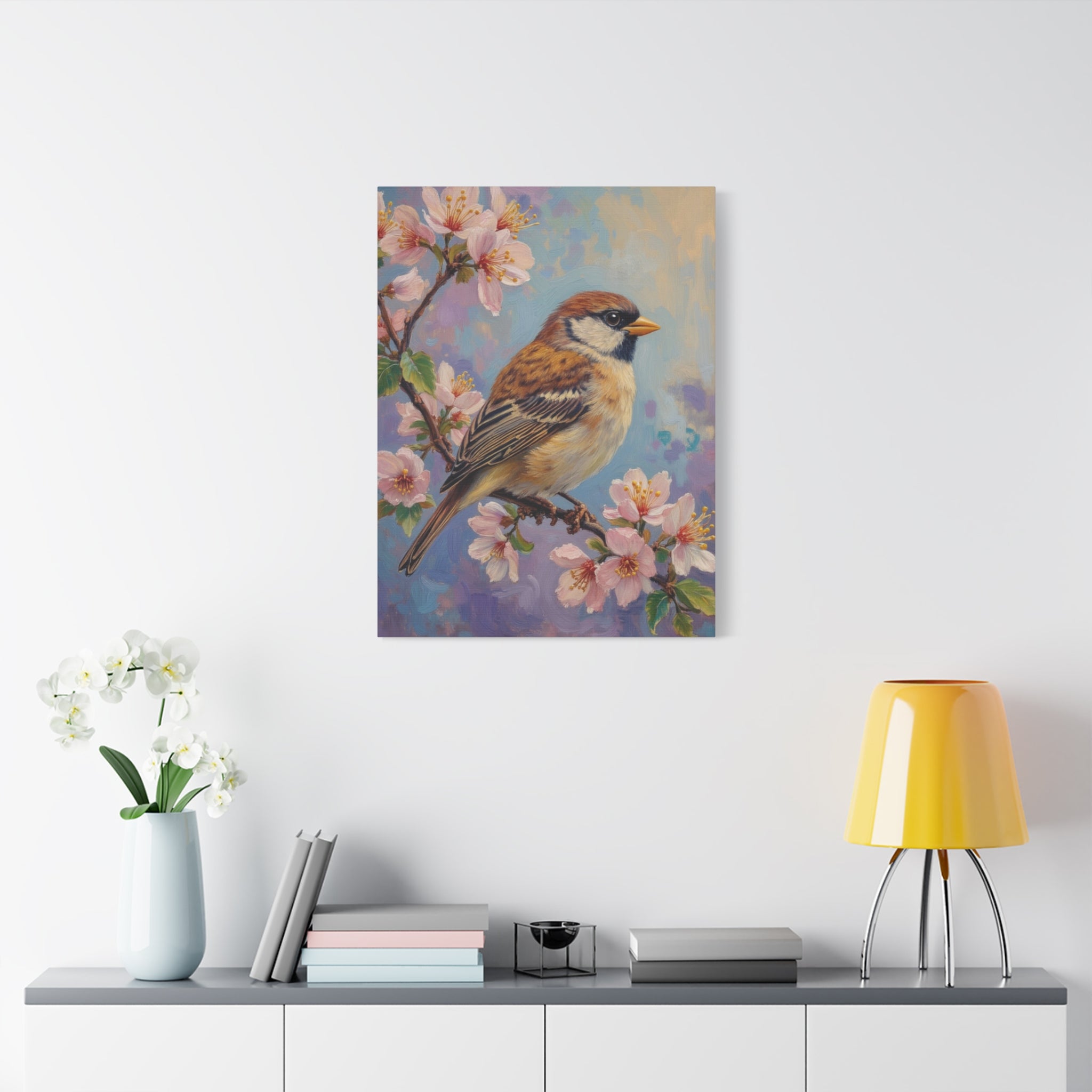 Sparrow on Cherry Blossoms Matte Stretched Canvas