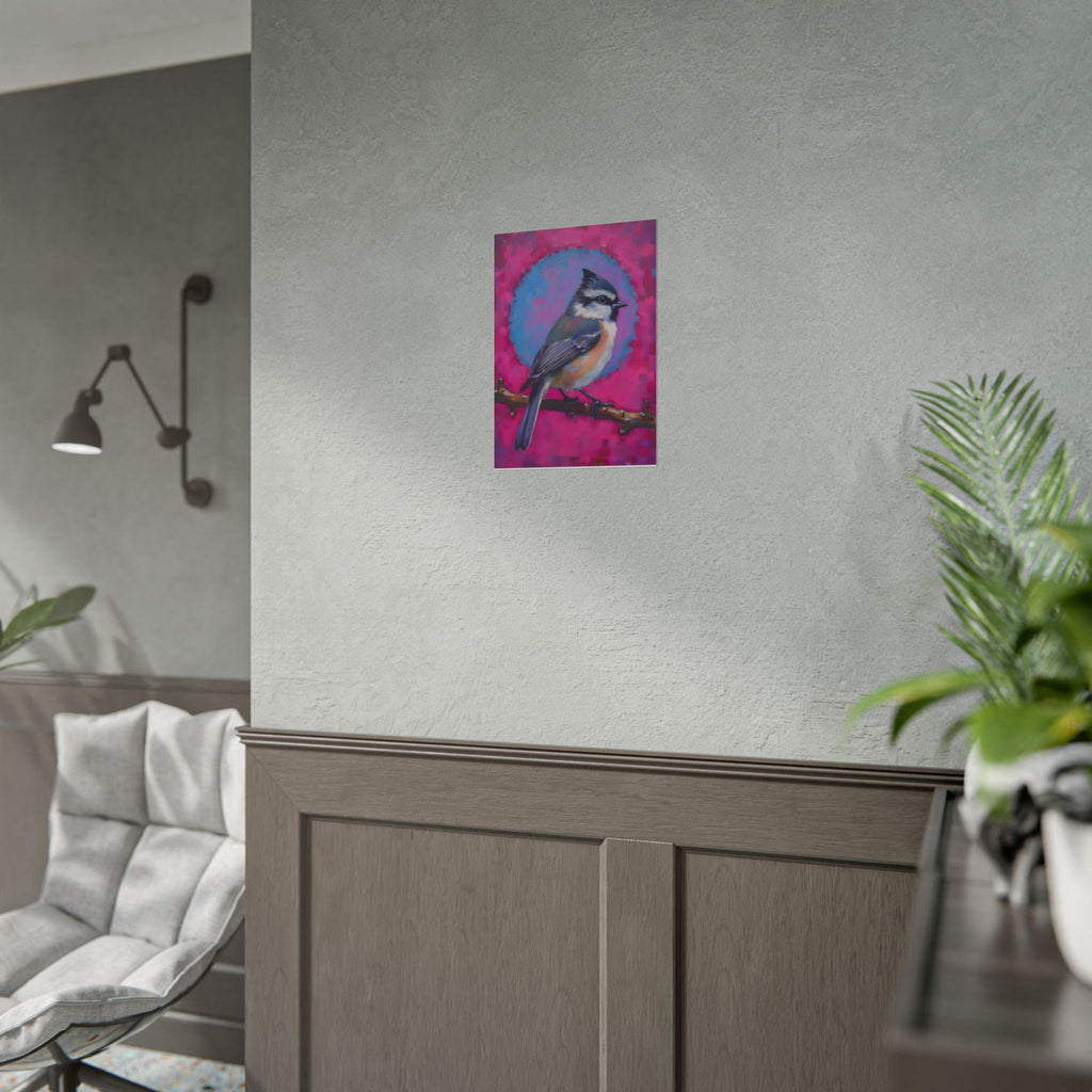 Kleurrijke Zangvogel Poster — Blauwe Gaai Kunstprint op Levendige Roze Achtergrond