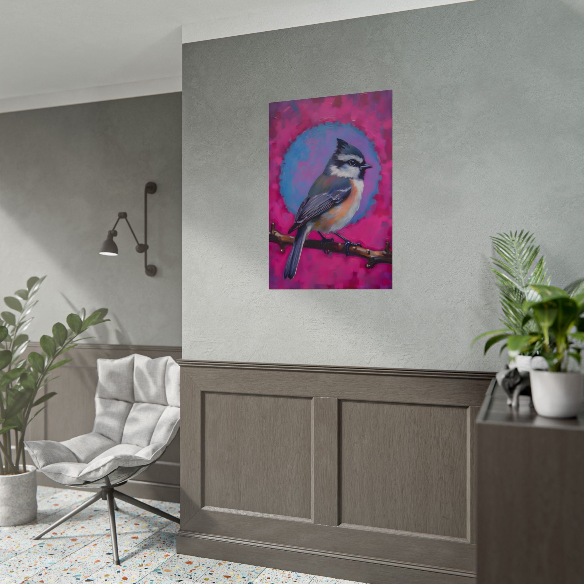 Kleurrijke Zangvogel Poster — Blauwe Gaai Kunstprint op Levendige Roze Achtergrond
