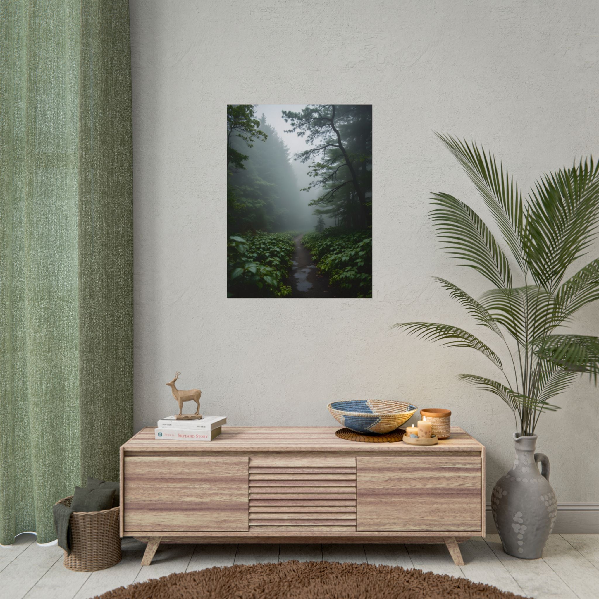 Muurdecoratie met een mistig bospad - Poster 