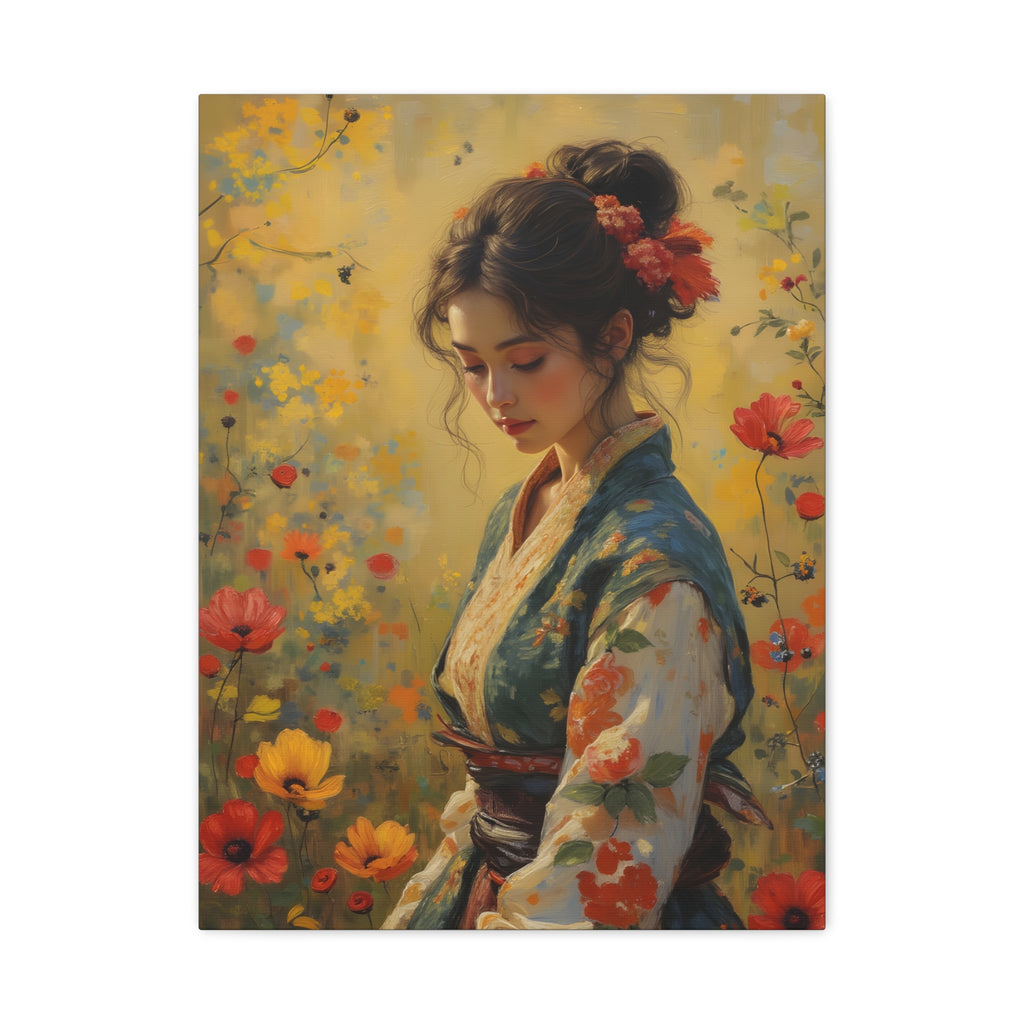 Asiatische Blumen-Dame, matte Leinwand-Wandkunst
