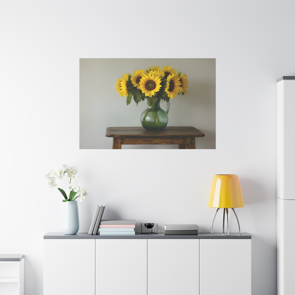 Zonnebloemen in een groene kruik als wanddecoratie - Gespannen canvas 