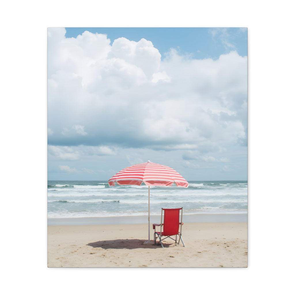 Sun-drenched beach memory with beach chair and umbrella Canvas Wall Art - Stretched Canvas