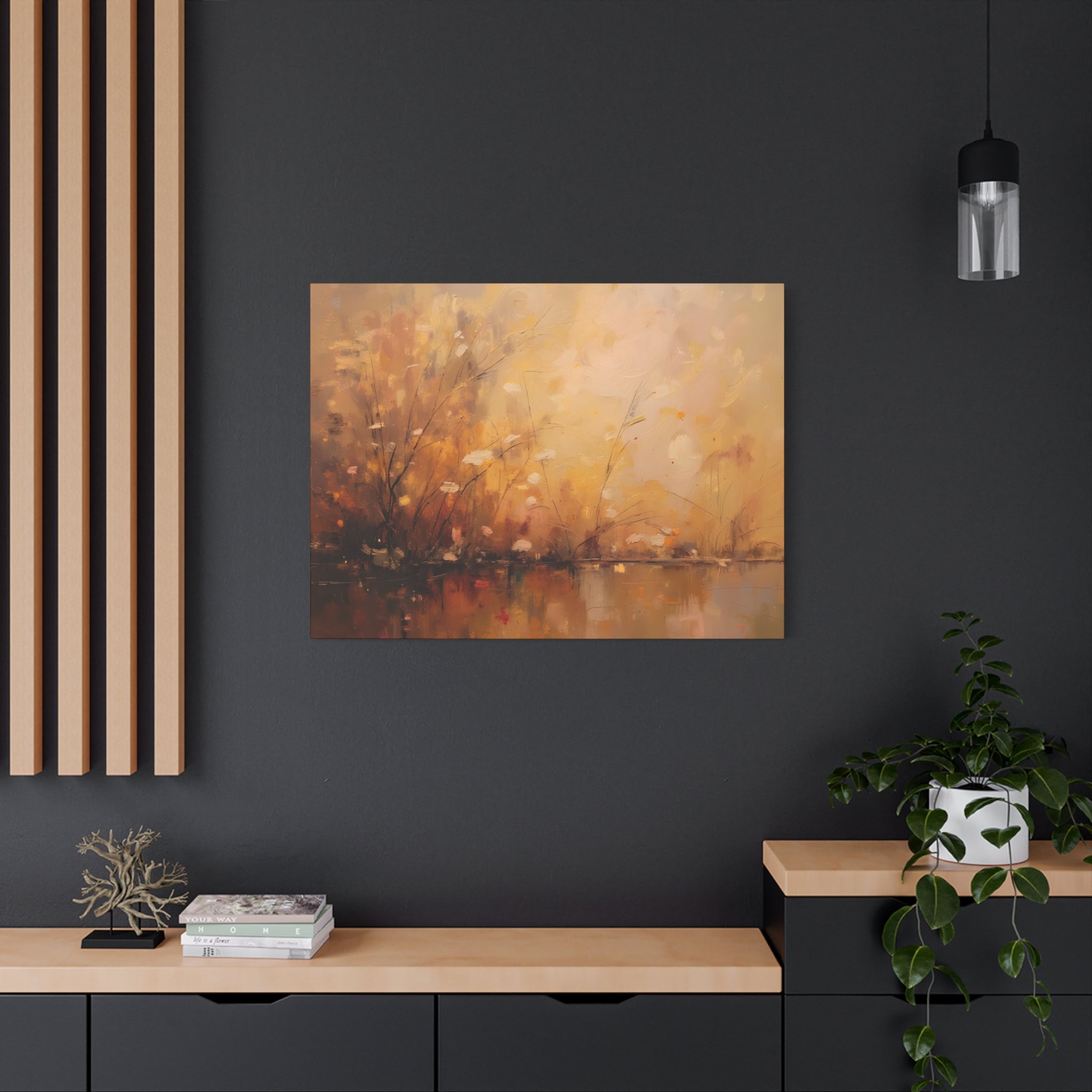 Abstracte muurdecoratie met gouden weidemotief - opgespannen canvas 