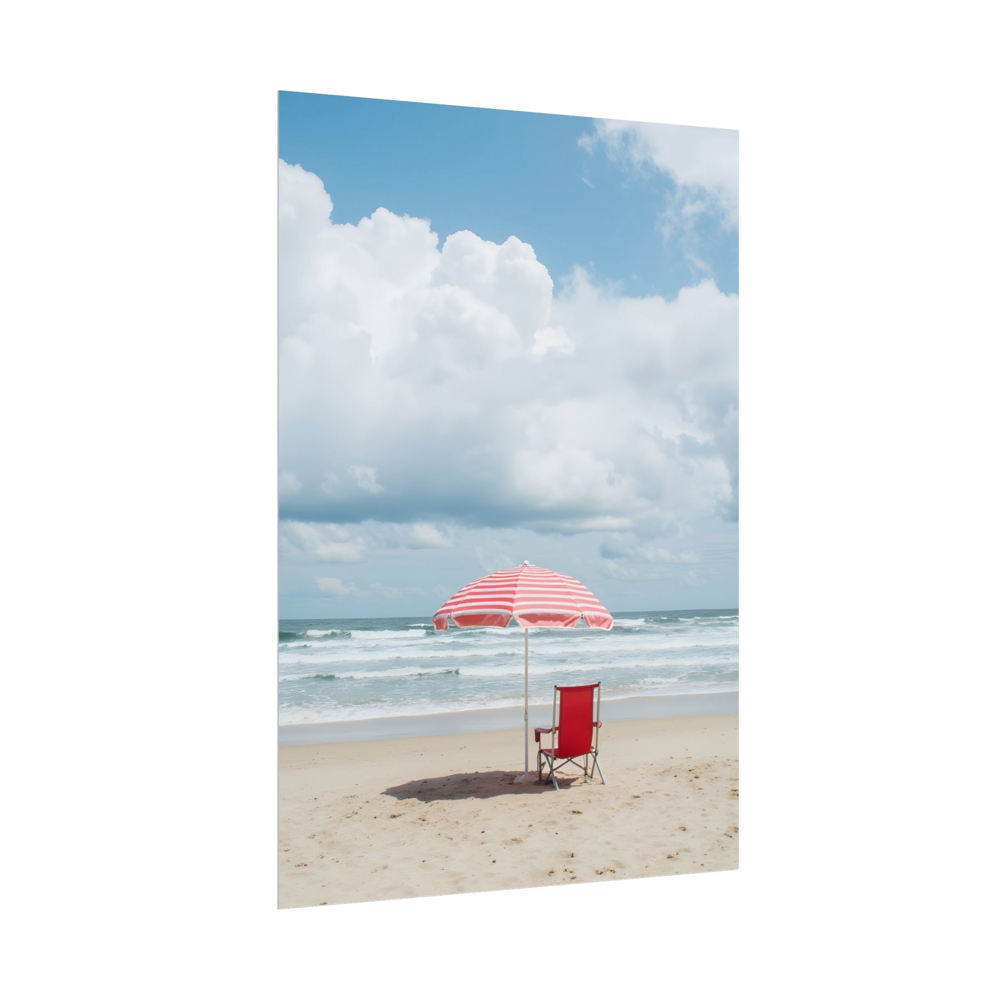 Een herinnering aan een zonovergoten stranddag met strandstoel en parasol - Poster 