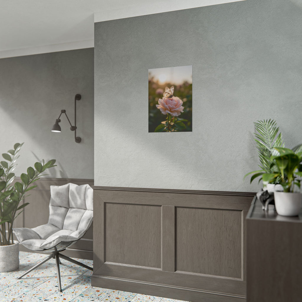Muurposter met vlinder op roze roos 