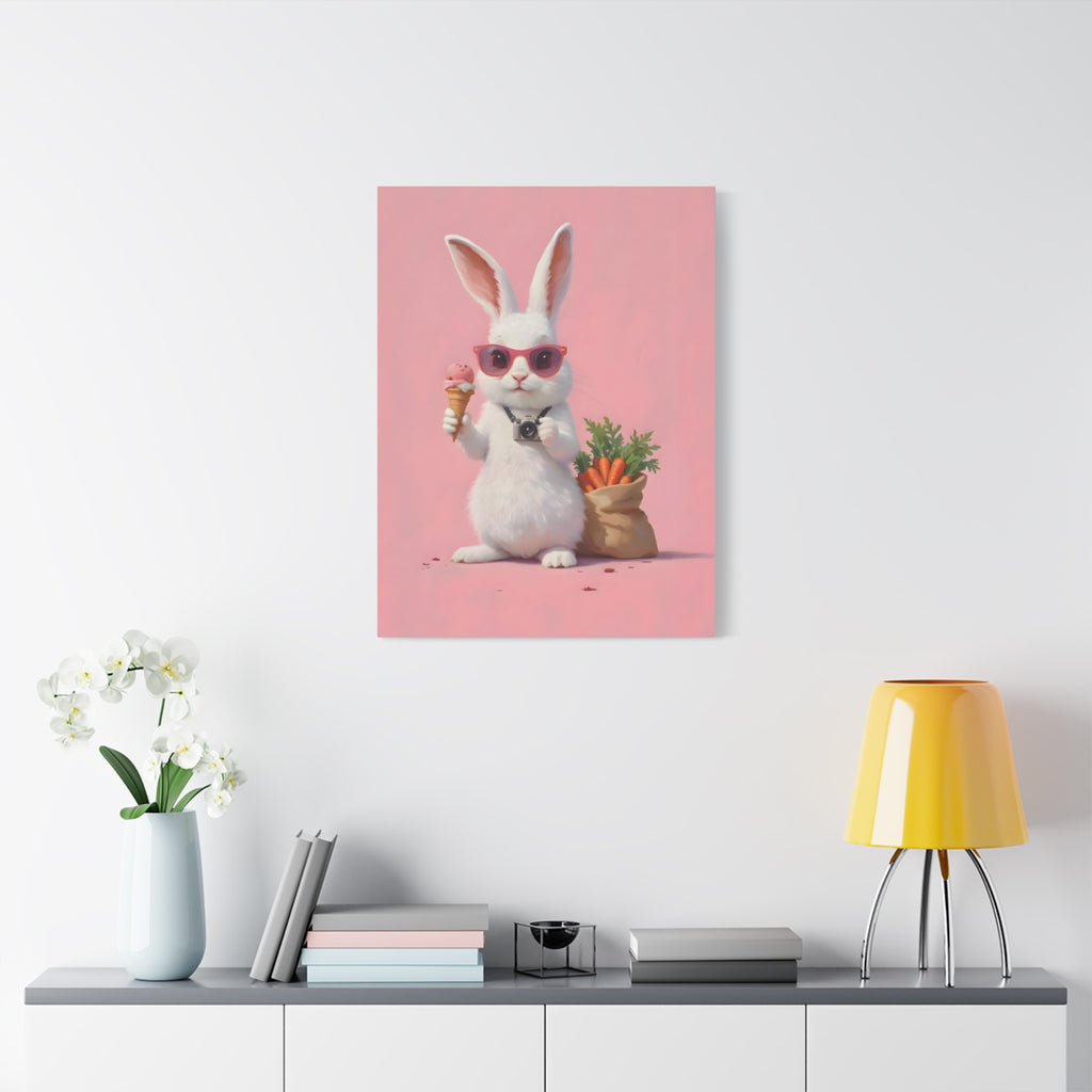 Pink Cute Bunny Canvas Wall Art — Cool Rabbit with Sunglasses, Ice Cream & Carrots (Matte Stretched)