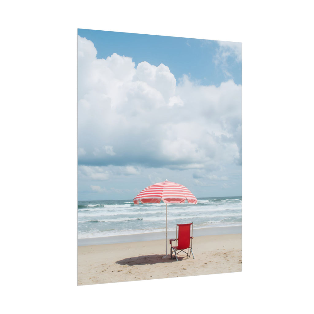 Een herinnering aan een zonovergoten stranddag met strandstoel en parasol - Poster 
