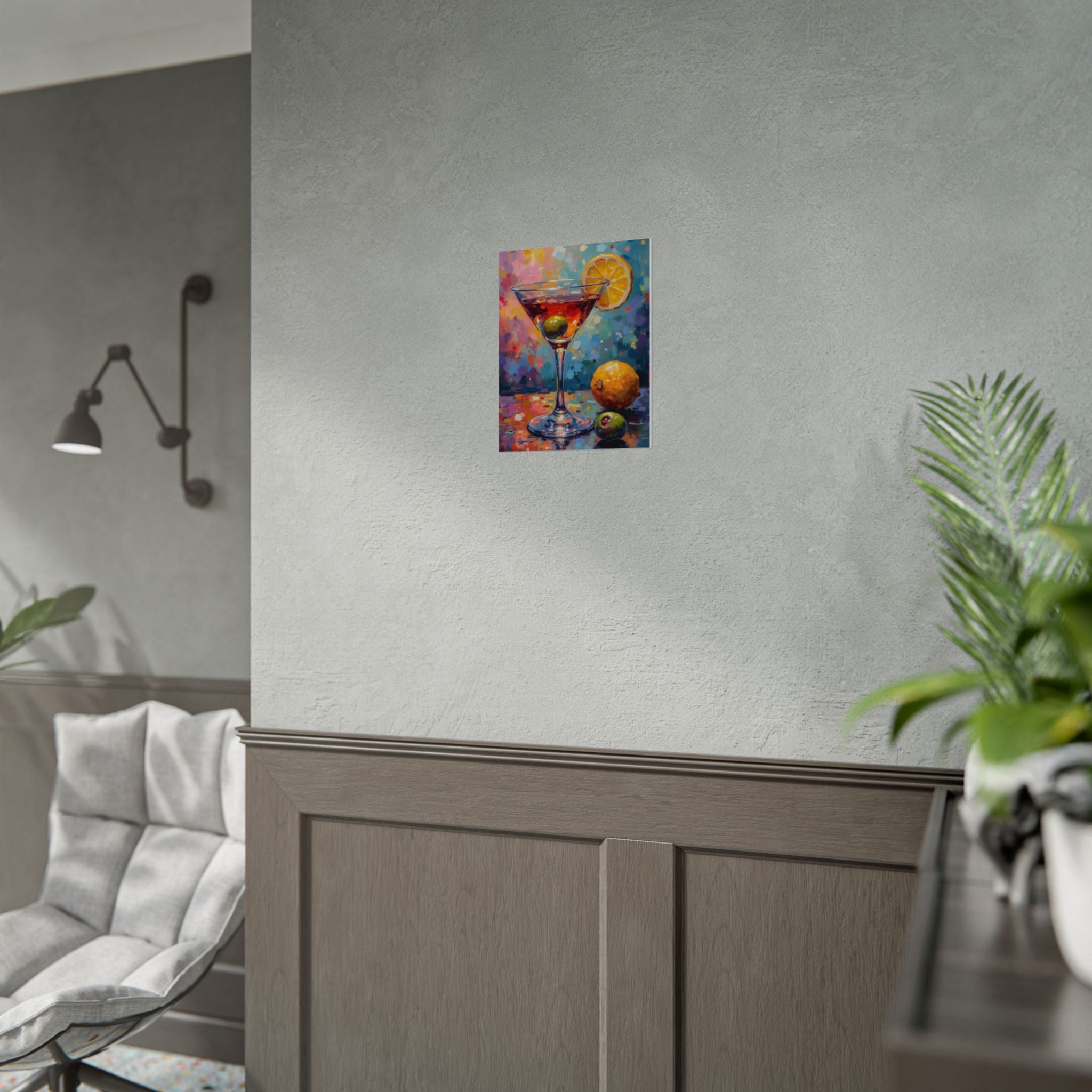 Buntes Martiniglas mit Zitrone und Olive – Wandbild/Poster 