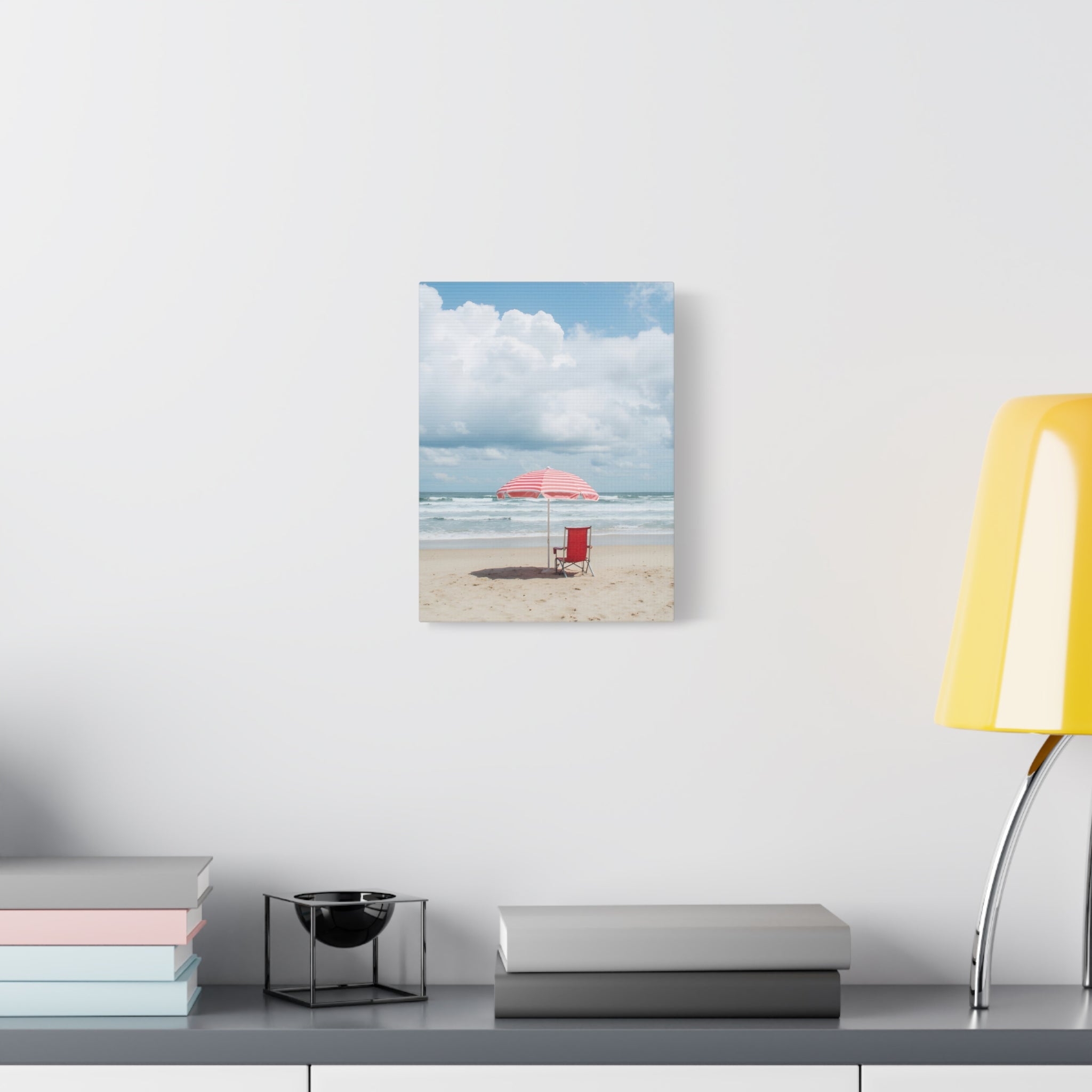 Sun-drenched beach memory with beach chair and umbrella Canvas Wall Art - Stretched Canvas